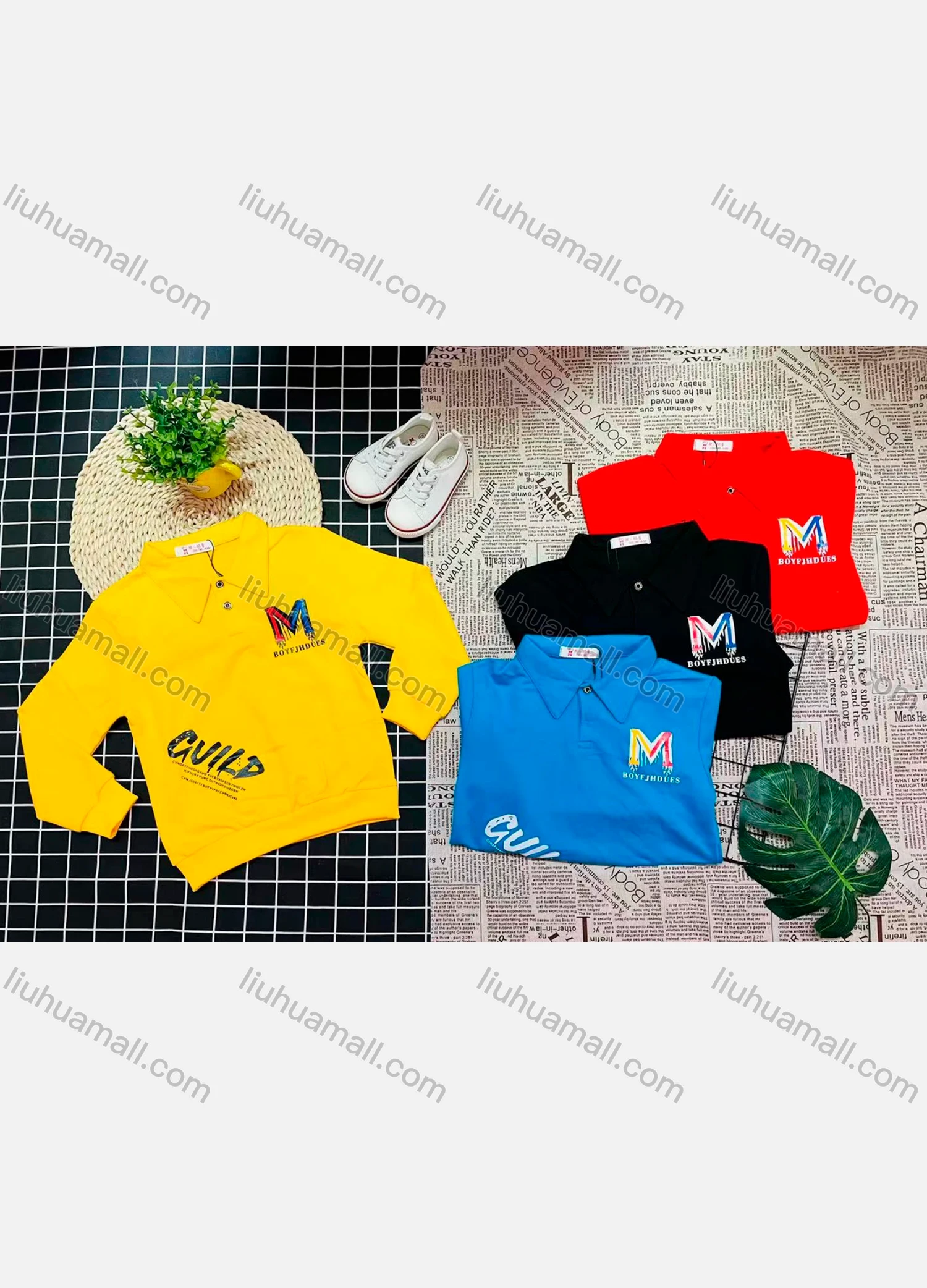 Wholesale Boy's Comfy Long Sleeve Letter Print Button Elastic Polo Shirt - Liuhuamall
