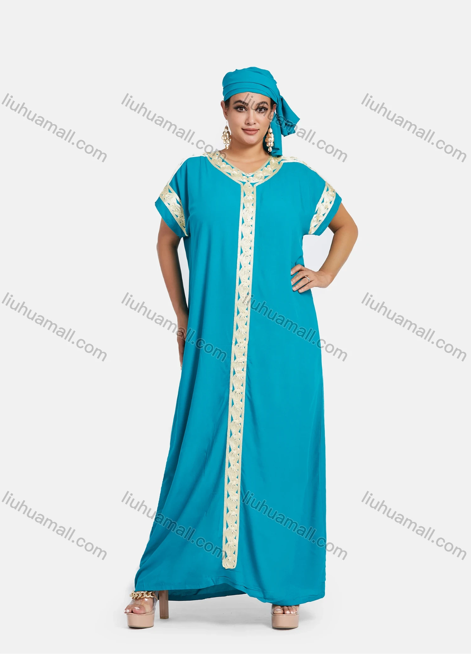 Wholesale Women's African Short Sleeve Plus Size Gold Thread Embroidery Maxi Kaftan Dress With Turban XH-409# - Liuhuamall