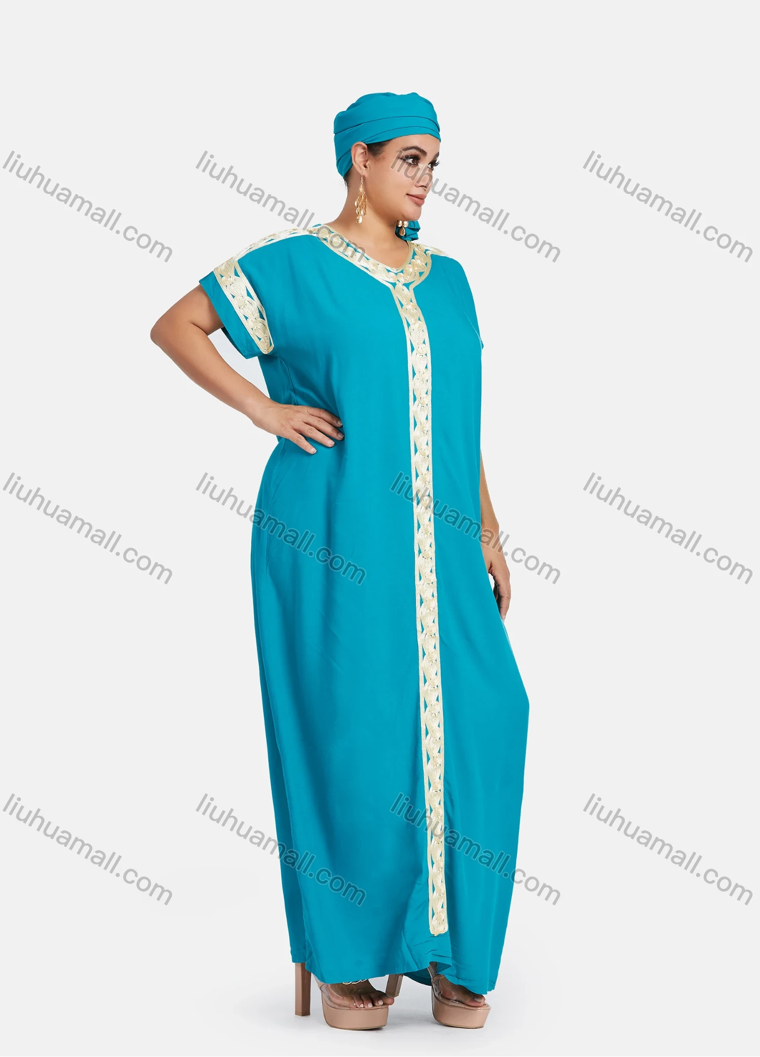 Wholesale Women's African Short Sleeve Plus Size Gold Thread Embroidery Maxi Kaftan Dress With Turban XH-409# - Liuhuamall