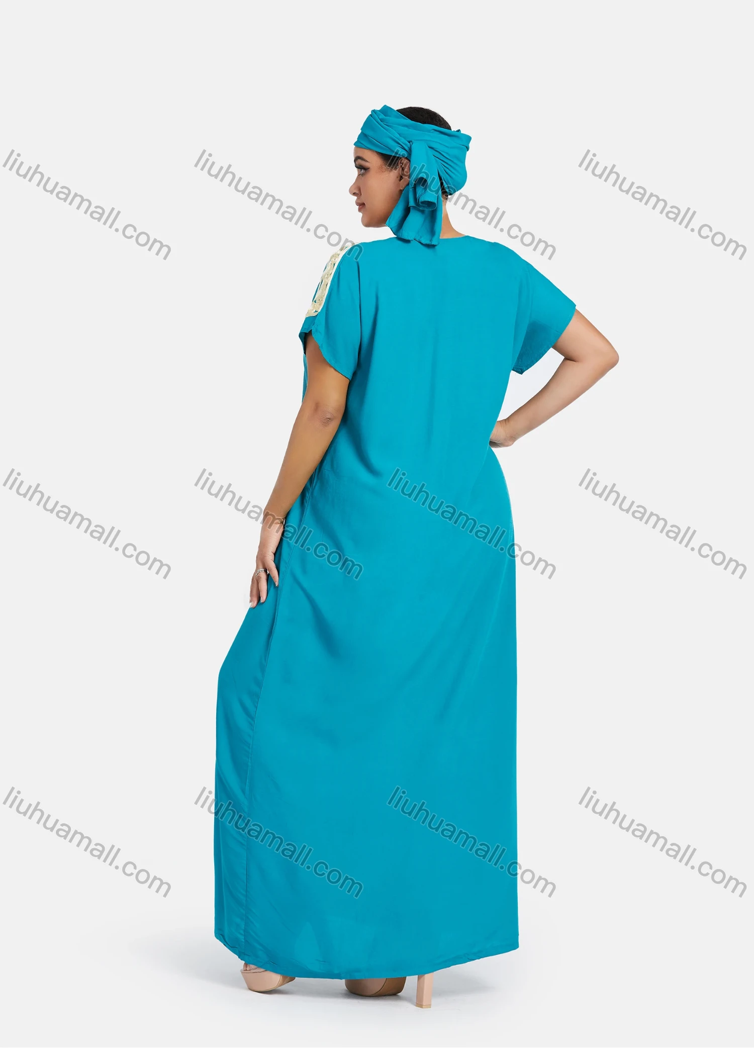 Wholesale Women's African Short Sleeve Plus Size Gold Thread Embroidery Maxi Kaftan Dress With Turban XH-409# - Liuhuamall