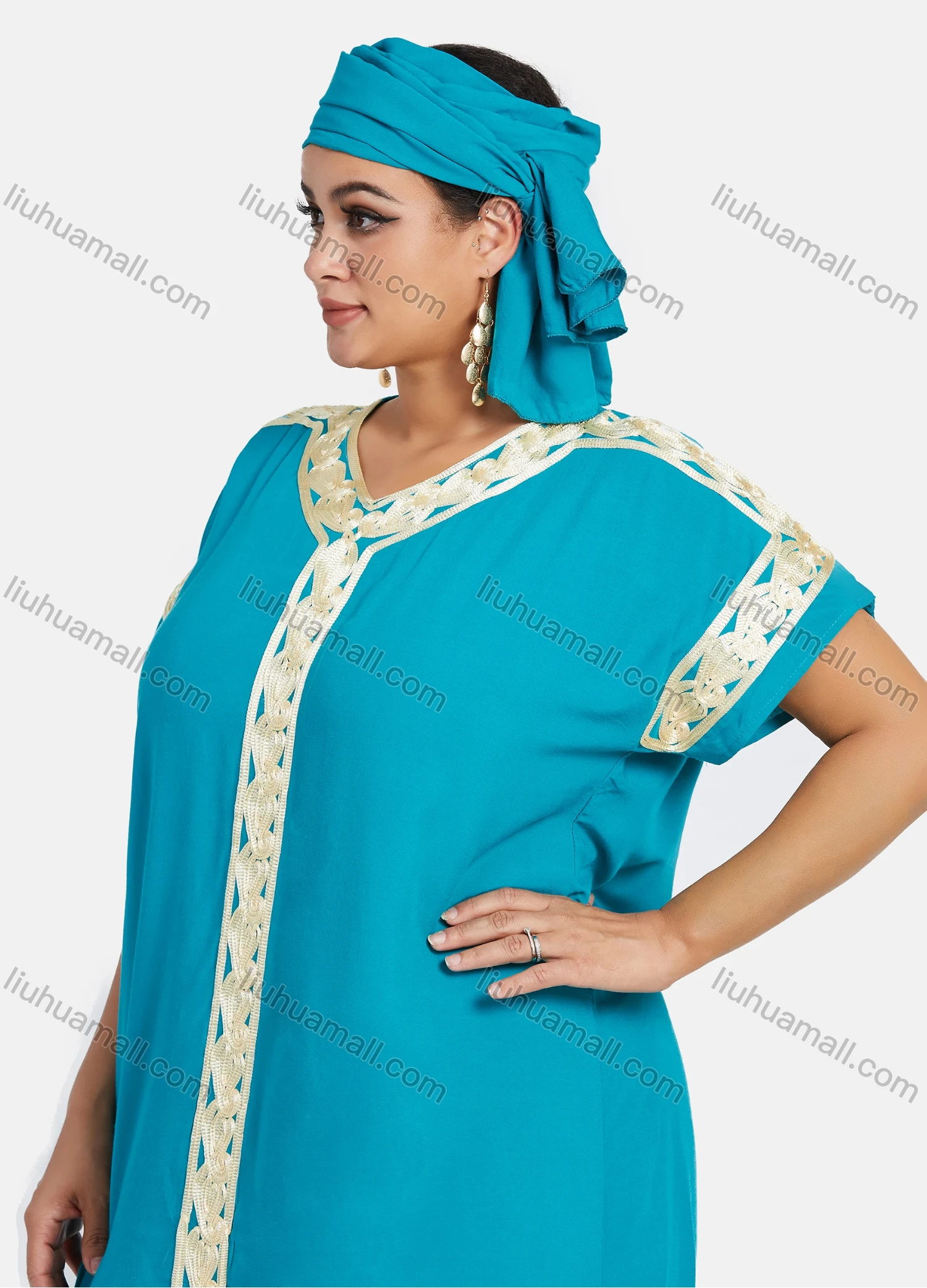 Wholesale Women's African Short Sleeve Plus Size Gold Thread Embroidery Maxi Kaftan Dress With Turban XH-409# - Liuhuamall