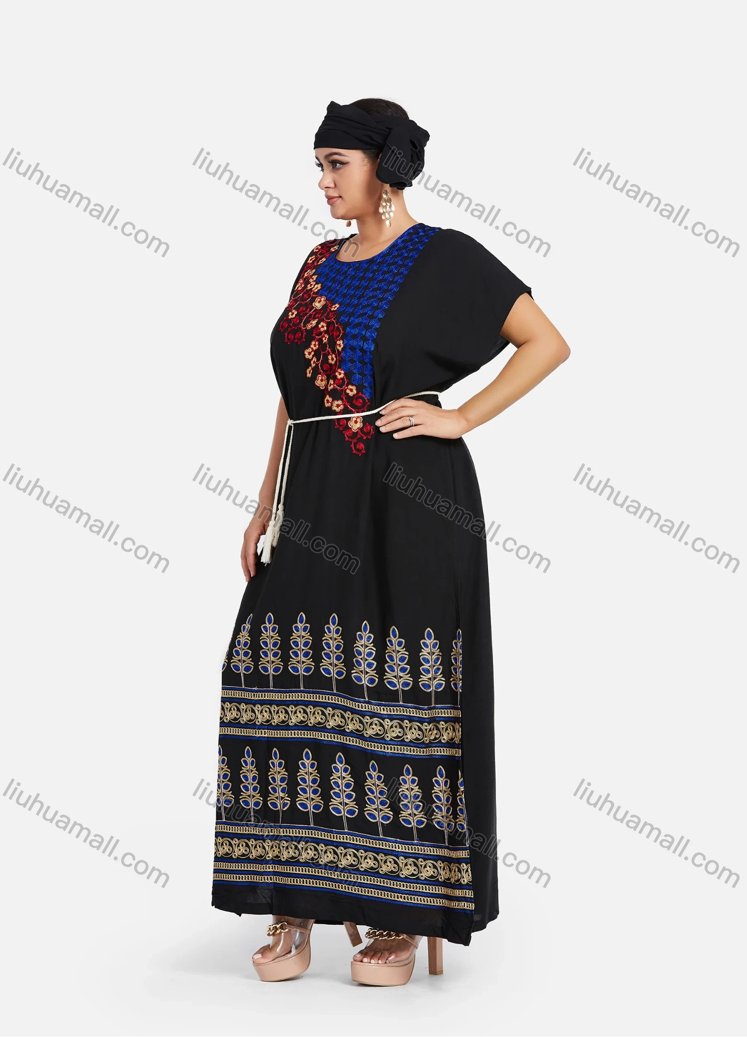 Wholesale Women's African Batwing Sleeve Vintage Embroidery Tribal Pattern Tassel Tether Maxi Kaftan Dress With Turban XH-515S-YD# - Liuhuamall