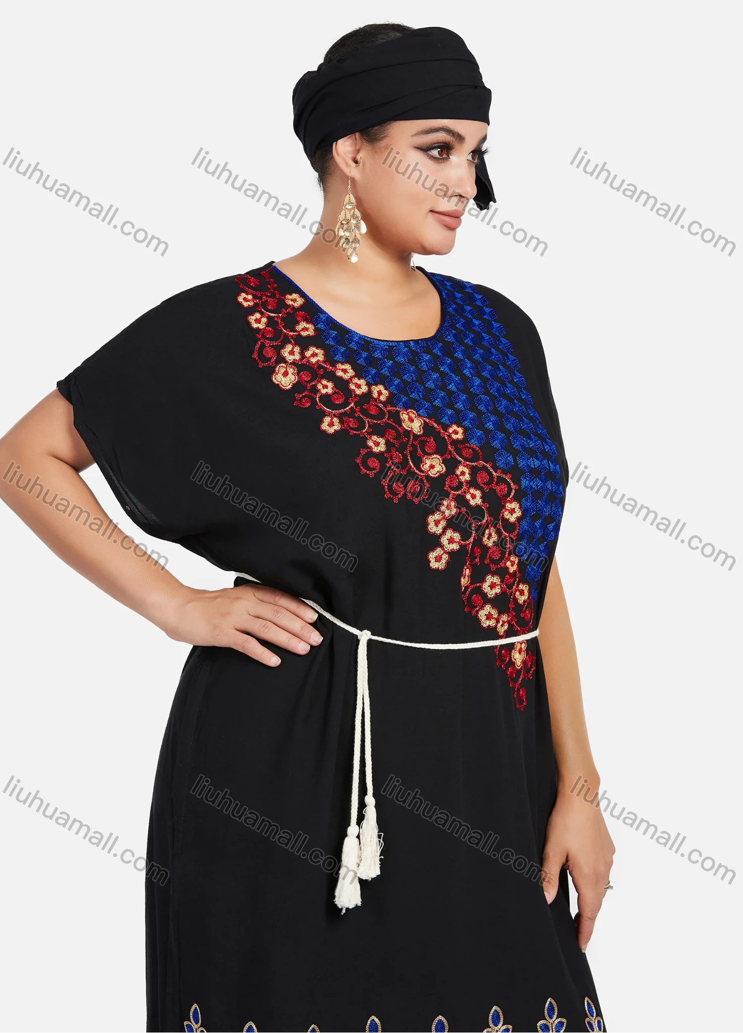 Wholesale Women's African Batwing Sleeve Vintage Embroidery Tribal Pattern Tassel Tether Maxi Kaftan Dress With Turban XH-515S-YD# - Liuhuamall