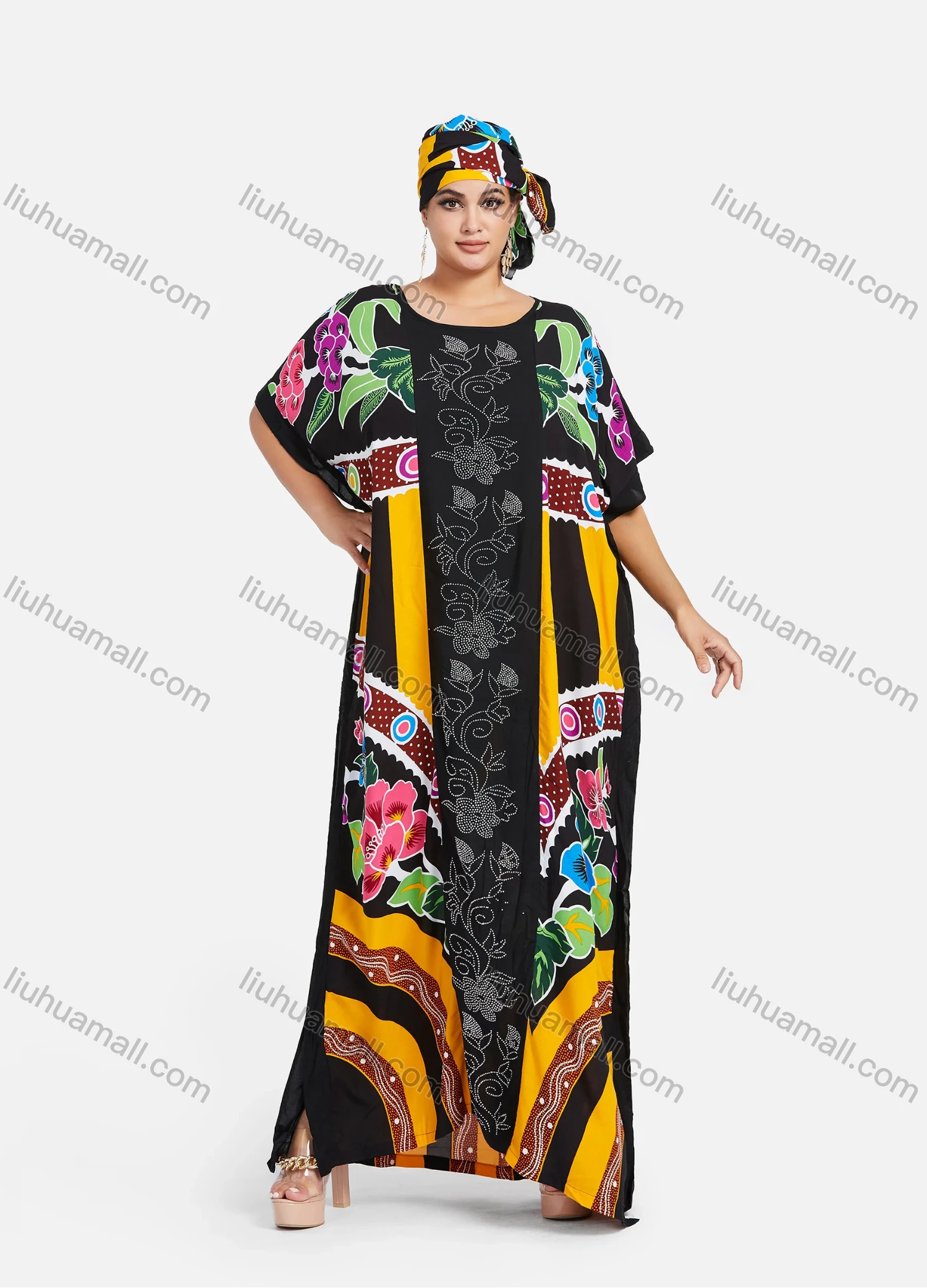 Wholesale Women's African Bat Sleeve Plus Size Floral Splicing Print Rhinestone Trim Maxi Kaftan Dress With Turban SB-59-642# - Liuhuamall