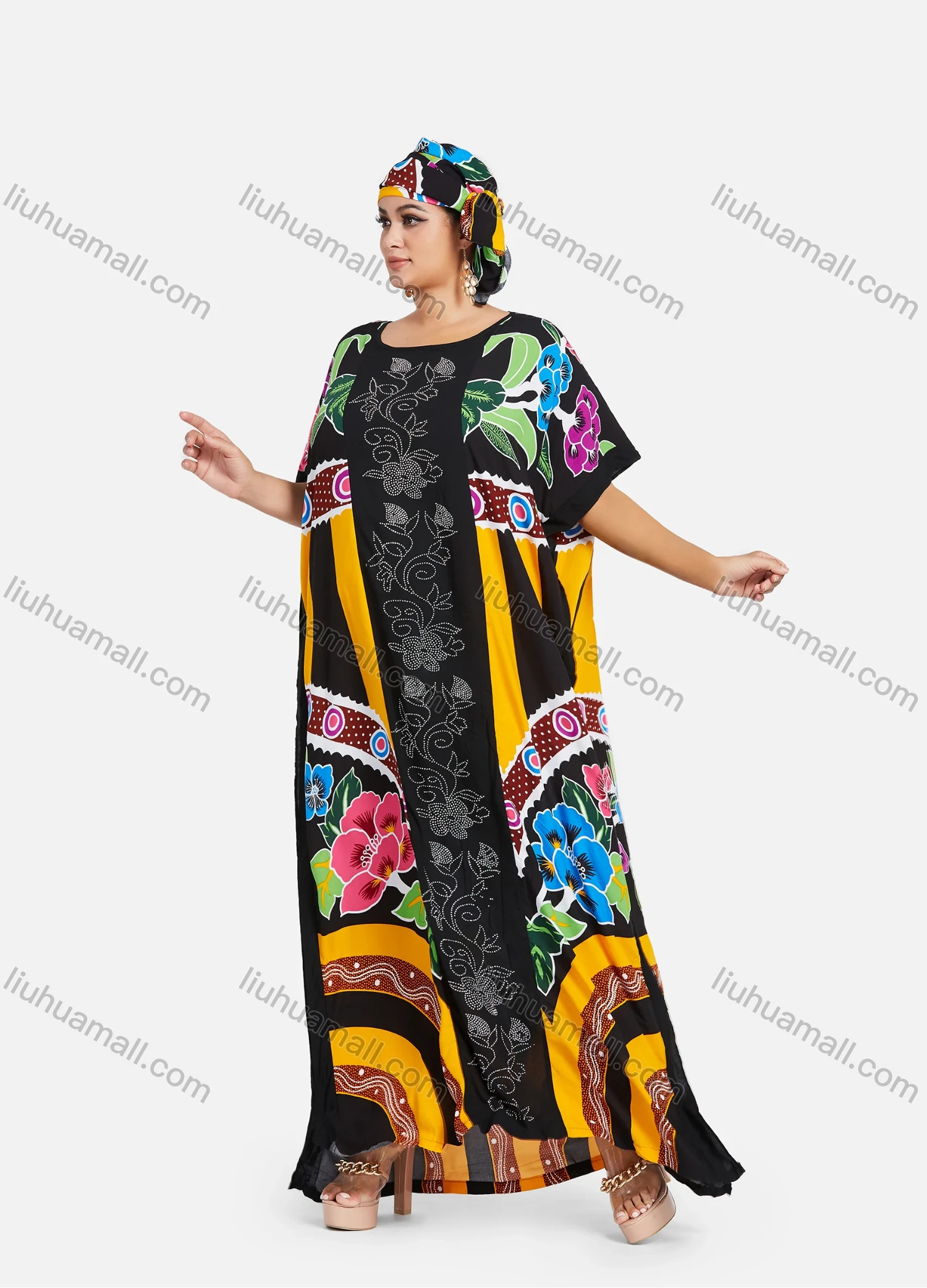 Wholesale Women's African Bat Sleeve Plus Size Floral Splicing Print Rhinestone Trim Maxi Kaftan Dress With Turban SB-59-642# - Liuhuamall