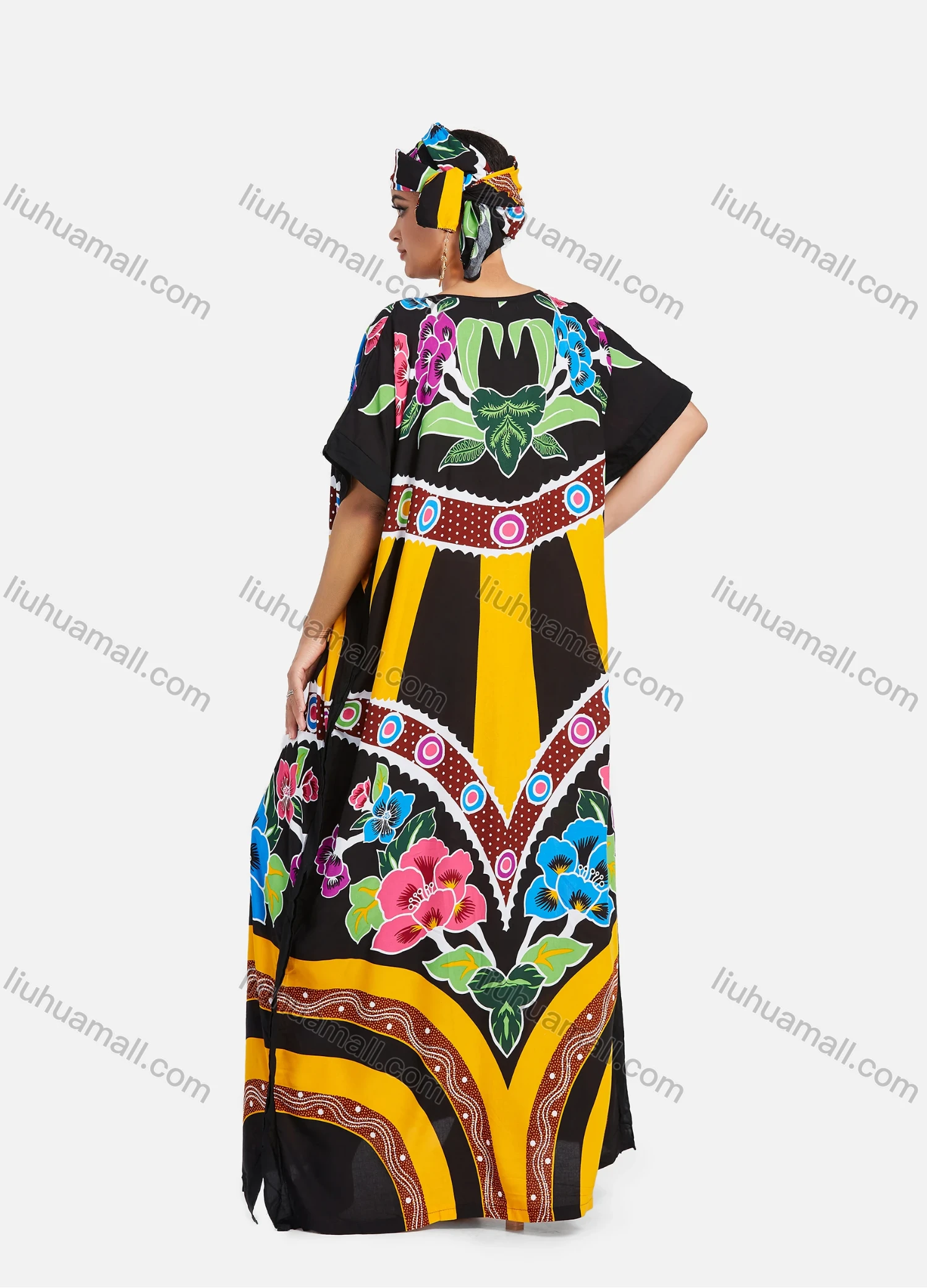 Wholesale Women's African Bat Sleeve Plus Size Floral Splicing Print Rhinestone Trim Maxi Kaftan Dress With Turban SB-59-642# - Liuhuamall