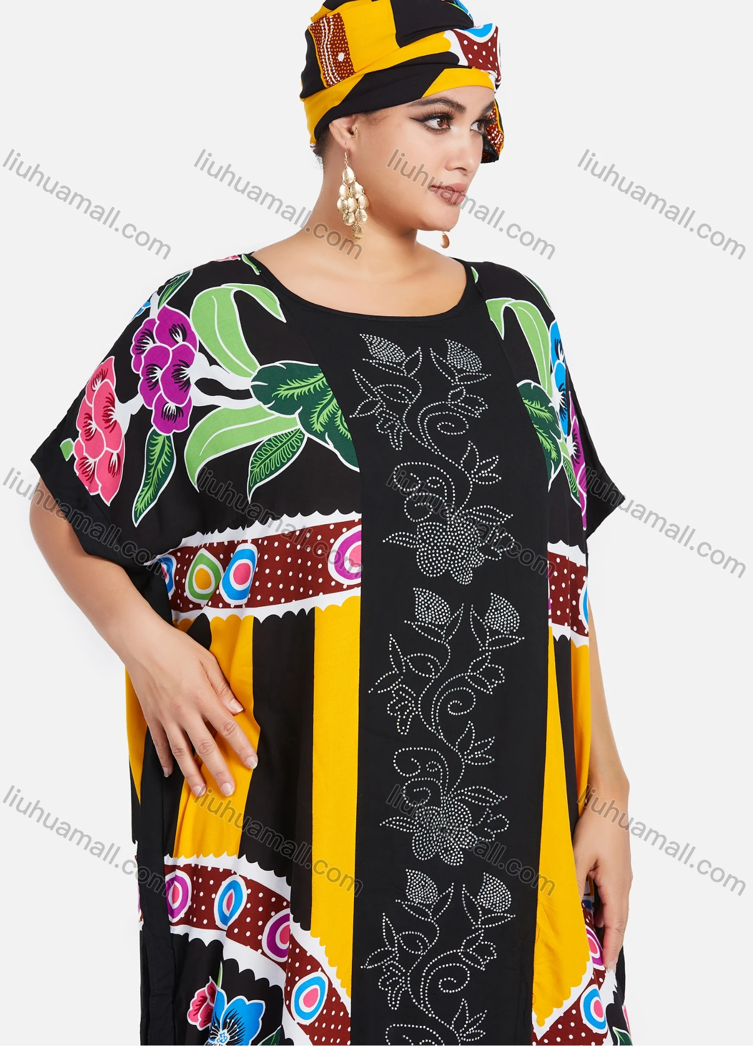 Wholesale Women's African Bat Sleeve Plus Size Floral Splicing Print Rhinestone Trim Maxi Kaftan Dress With Turban SB-59-642# - Liuhuamall