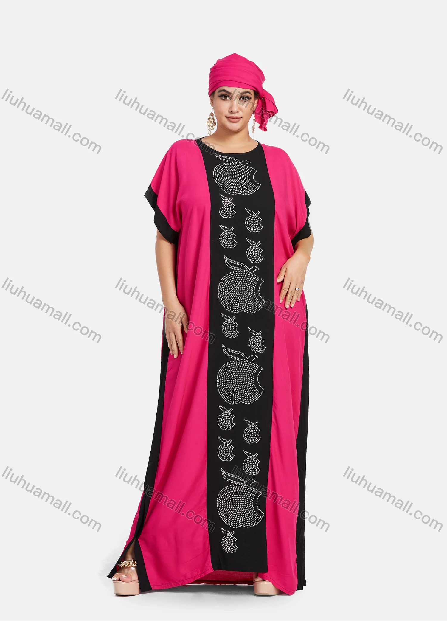 Wholesale Women's African Bat Sleeve Plus Size Rhinestone Colorblock Maxi Kaftan Dress With Turban SB-28-SS# - Liuhuamall