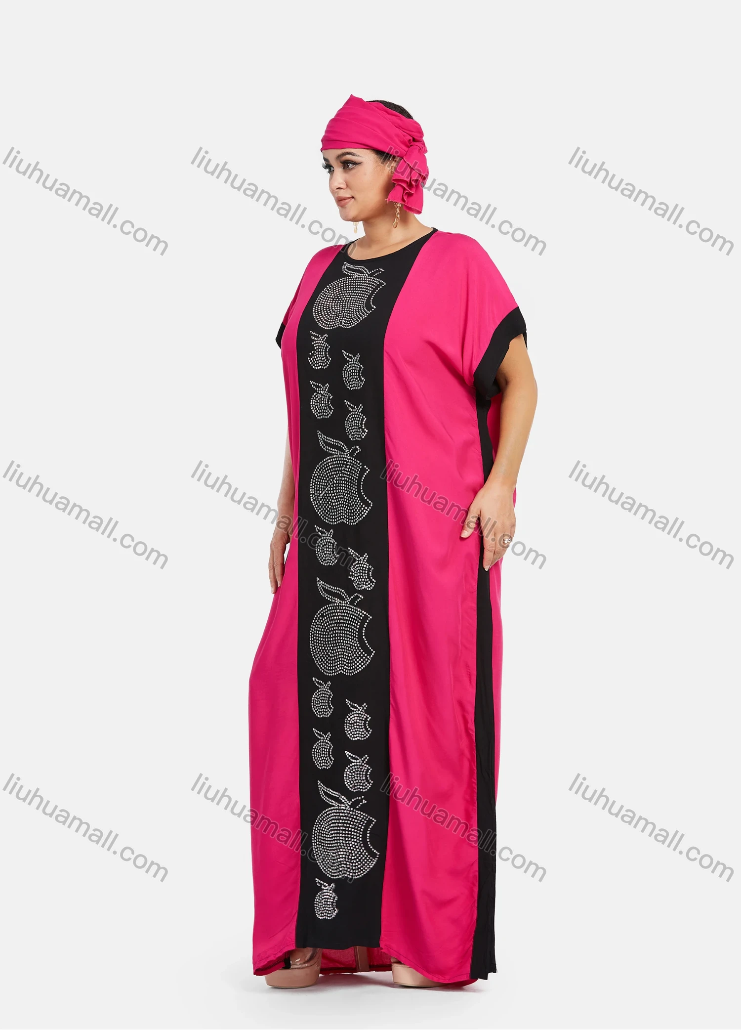 Wholesale Women's African Bat Sleeve Plus Size Rhinestone Colorblock Maxi Kaftan Dress With Turban SB-28-SS# - Liuhuamall