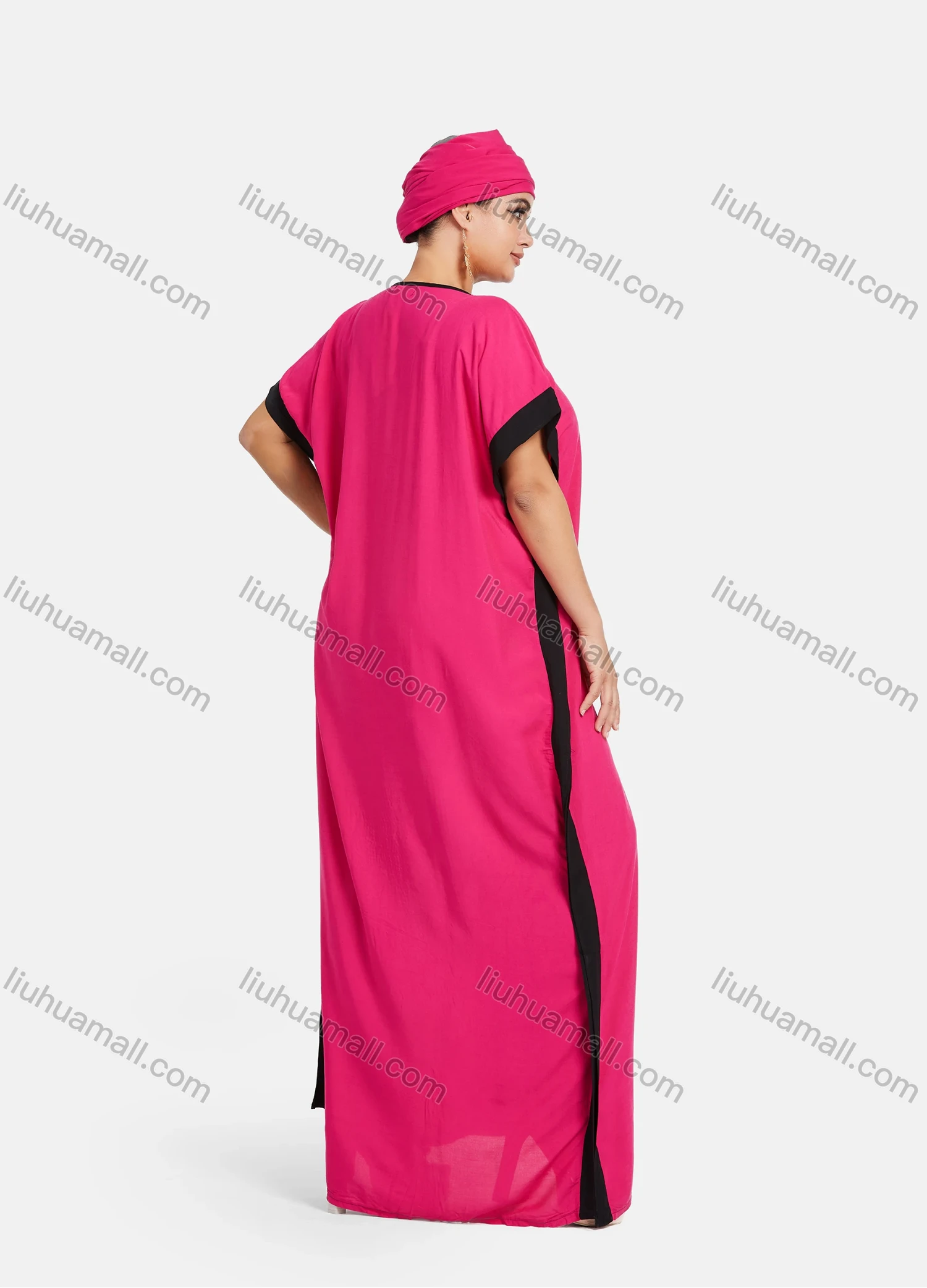Wholesale Women's African Bat Sleeve Plus Size Rhinestone Colorblock Maxi Kaftan Dress With Turban SB-28-SS# - Liuhuamall