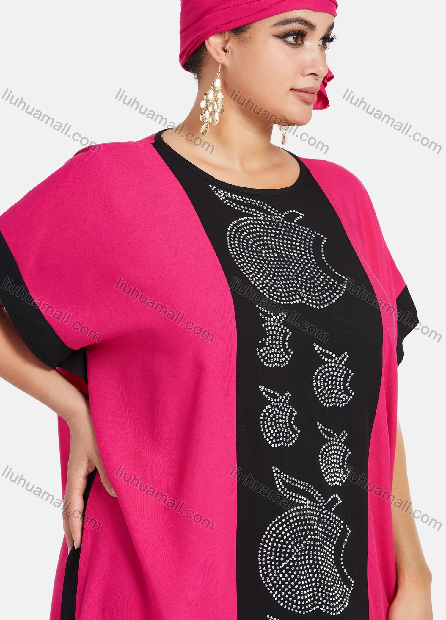 Wholesale Women's African Bat Sleeve Plus Size Rhinestone Colorblock Maxi Kaftan Dress With Turban SB-28-SS# - Liuhuamall