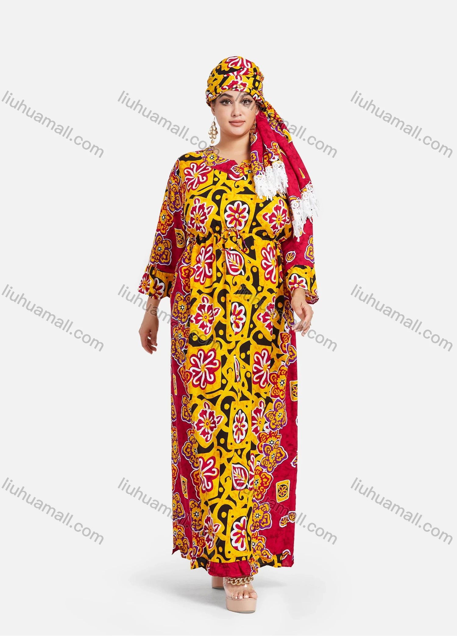 Wholesale Women's African 3/4 Sleeve Plus Size Allover Floral Print Maxi Kaftan Dress With Turban ZXV-708D2# - Liuhuamall
