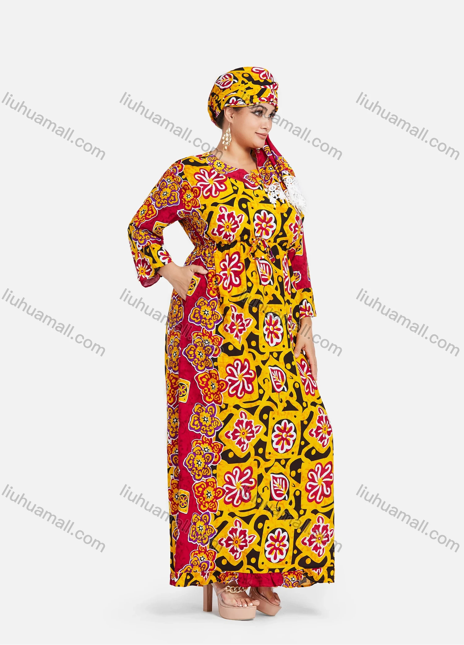 Wholesale Women's African 3/4 Sleeve Plus Size Allover Floral Print Maxi Kaftan Dress With Turban ZXV-708D2# - Liuhuamall