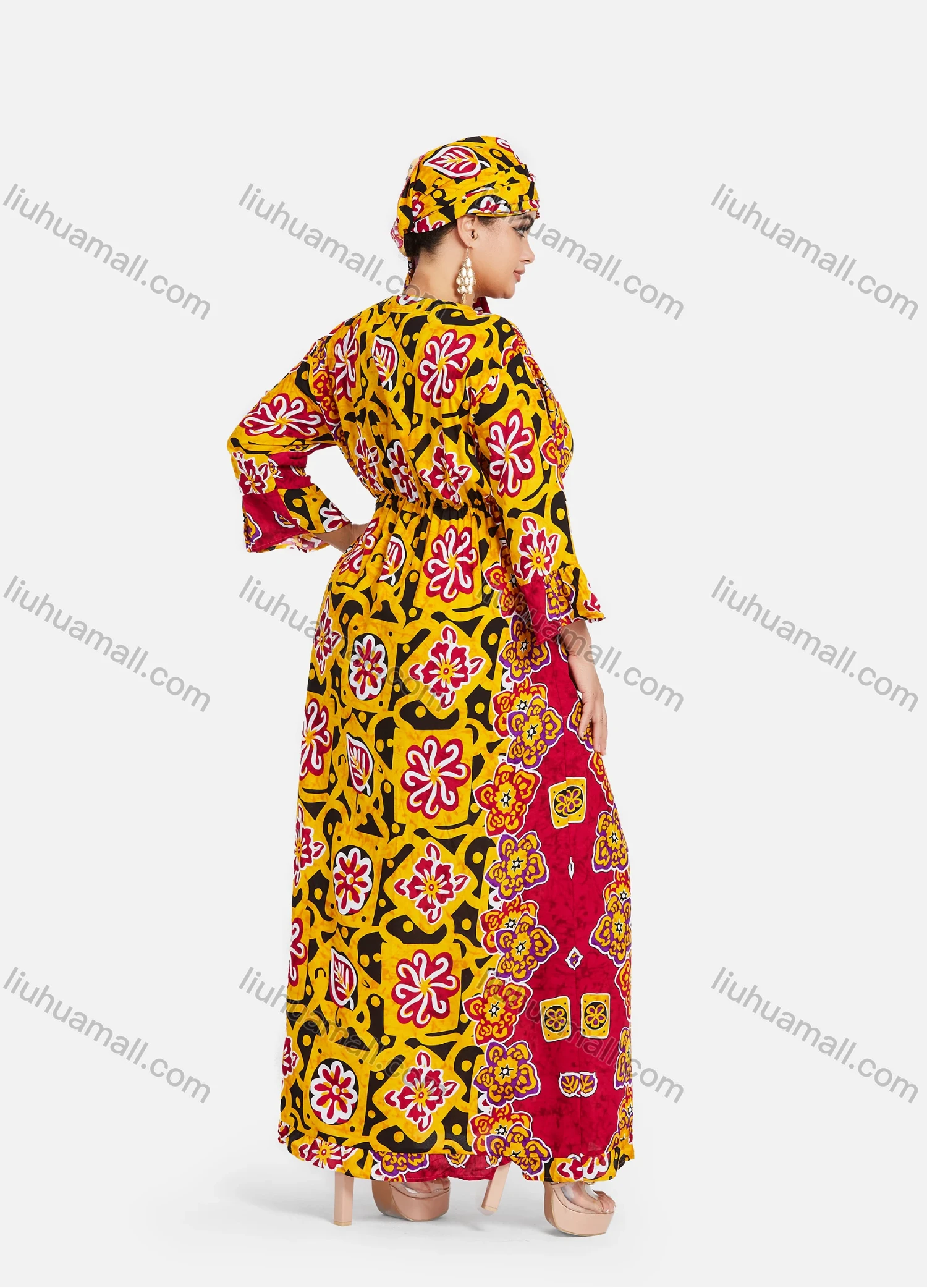 Wholesale Women's African 3/4 Sleeve Plus Size Allover Floral Print Maxi Kaftan Dress With Turban ZXV-708D2# - Liuhuamall