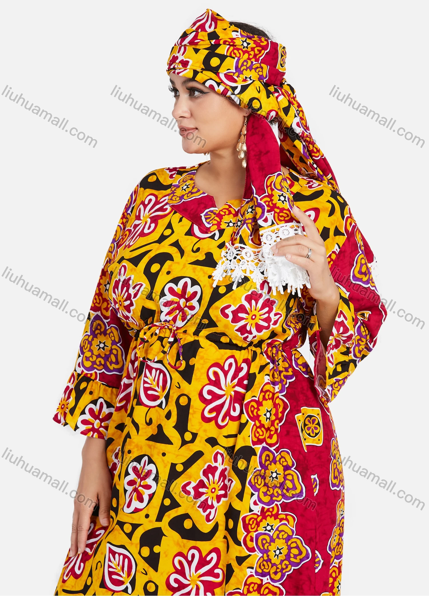 Wholesale Women's African 3/4 Sleeve Plus Size Allover Floral Print Maxi Kaftan Dress With Turban ZXV-708D2# - Liuhuamall