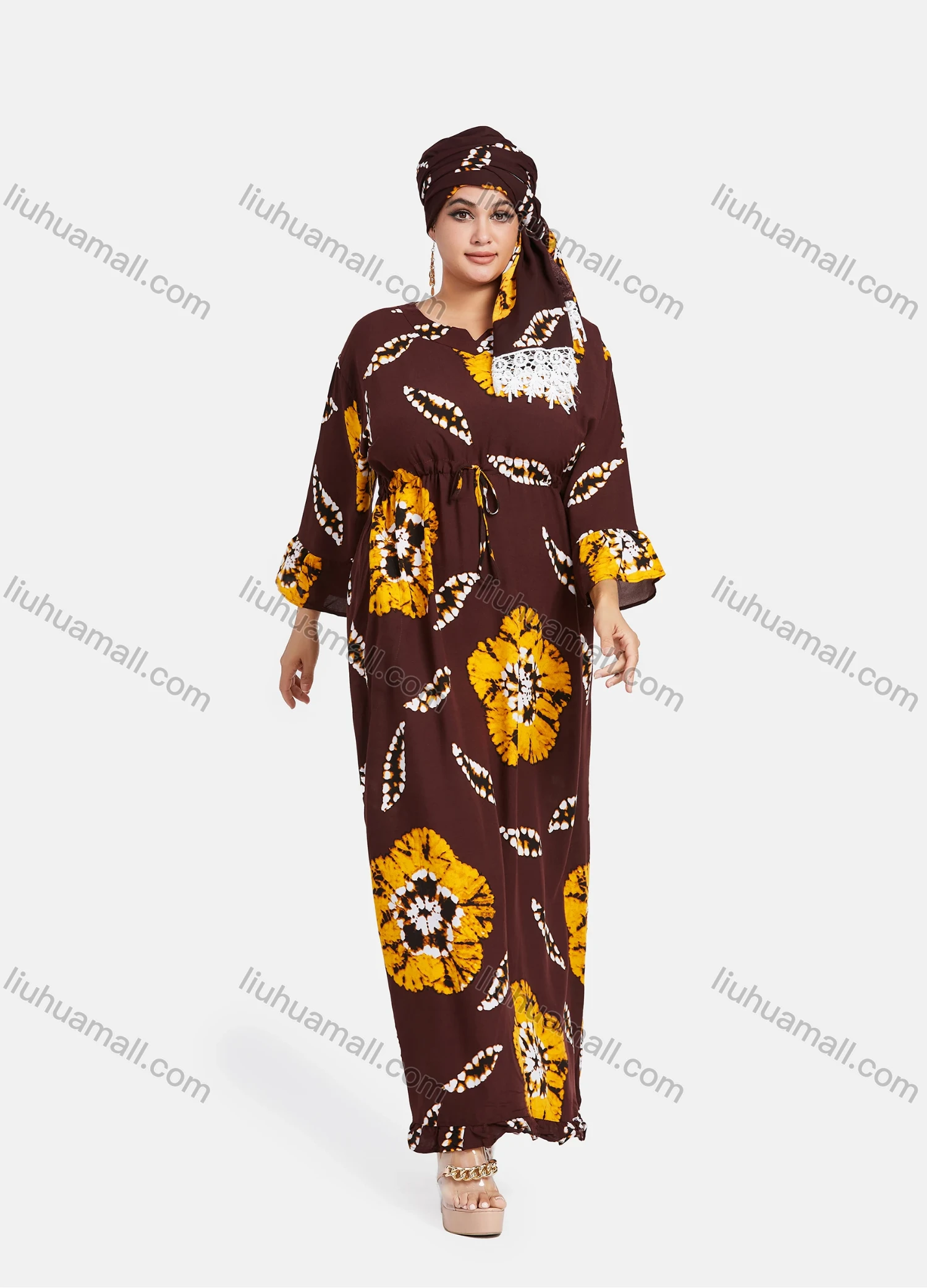 Wholesale Women's African 3/4 Sleeve Plus Size Tie Dye Floral Print Maxi Kaftan Dress With Turban ZXV-630D2# - Liuhuamall