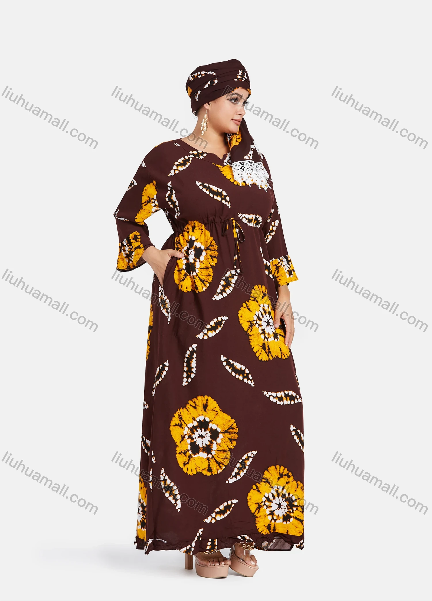 Wholesale Women's African 3/4 Sleeve Plus Size Tie Dye Floral Print Maxi Kaftan Dress With Turban ZXV-630D2# - Liuhuamall