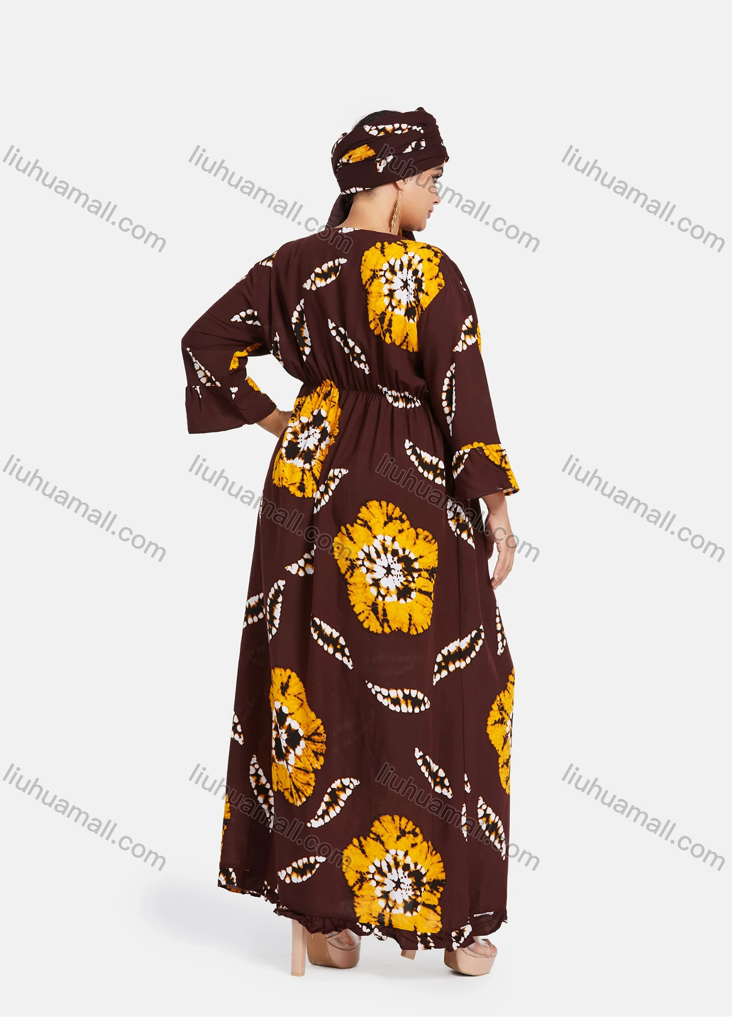 Wholesale Women's African 3/4 Sleeve Plus Size Tie Dye Floral Print Maxi Kaftan Dress With Turban ZXV-630D2# - Liuhuamall
