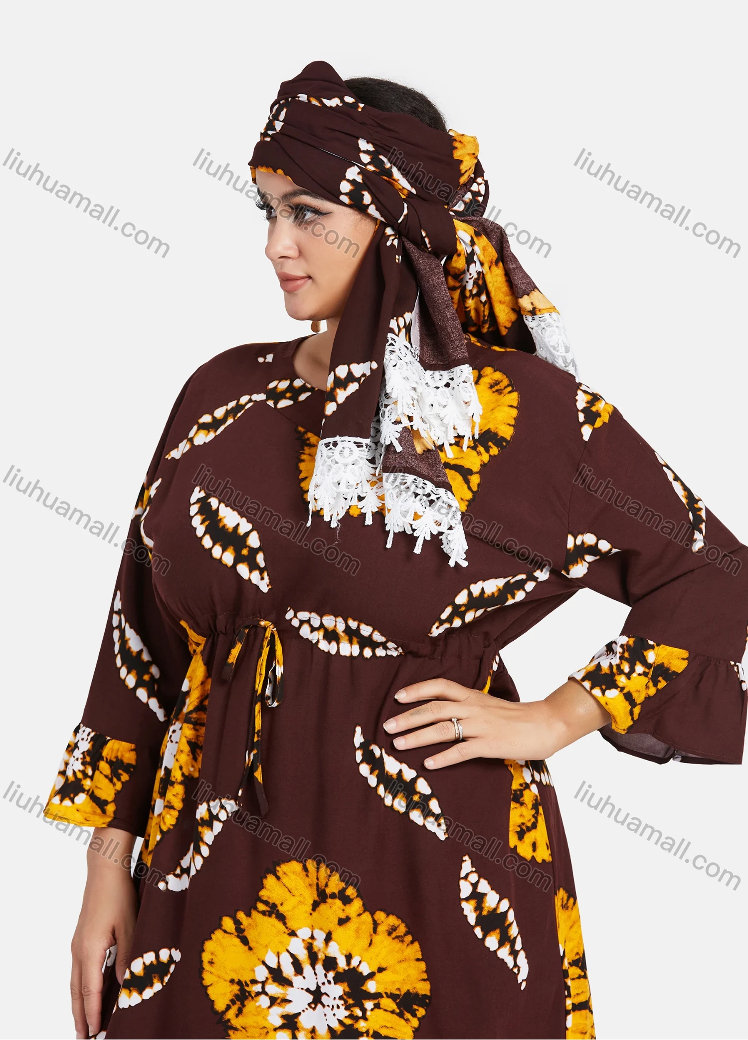 Wholesale Women's African 3/4 Sleeve Plus Size Tie Dye Floral Print Maxi Kaftan Dress With Turban ZXV-630D2# - Liuhuamall