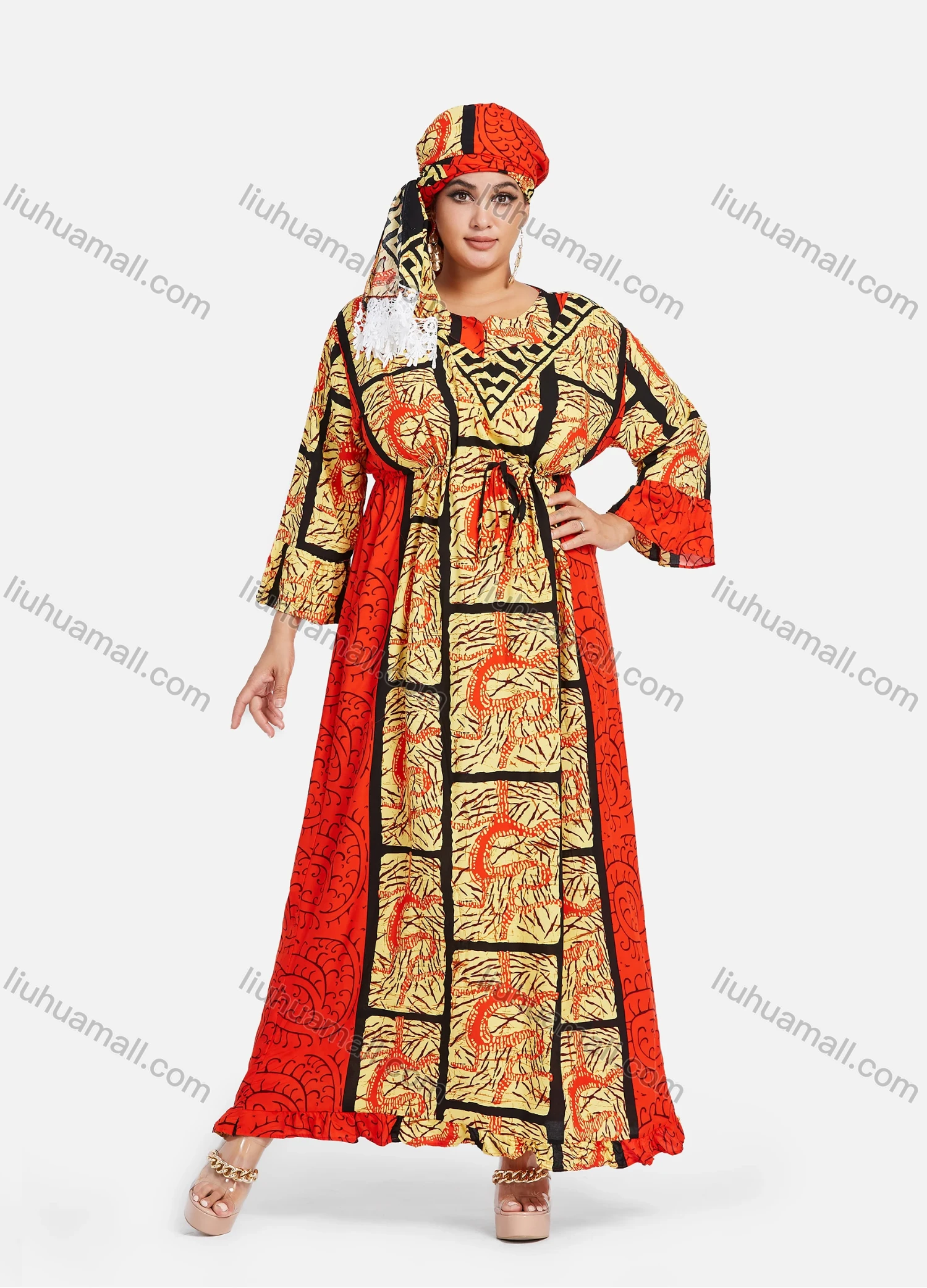 Wholesale Women's African Notched Neck 3/4 Sleeve Plus Size Tribal Print Waist Drawstring Maxi Kaftan Dress With Turban ZXV-666D2# - Liuhuamall
