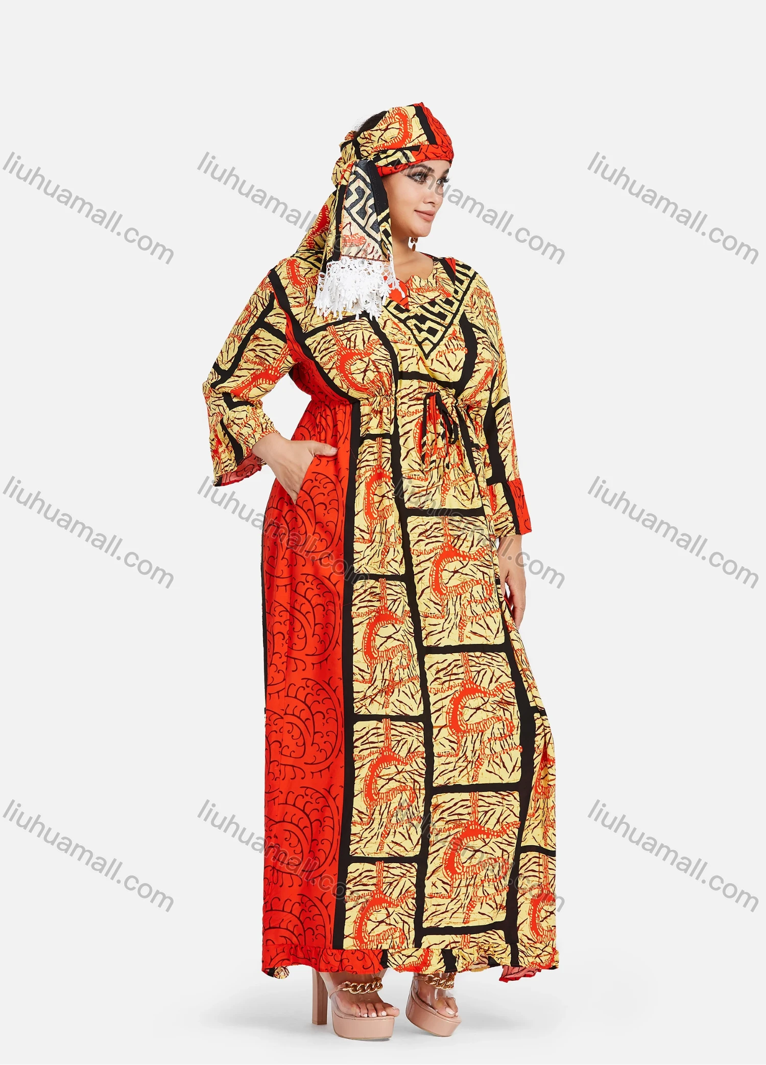 Wholesale Women's African Notched Neck 3/4 Sleeve Plus Size Tribal Print Waist Drawstring Maxi Kaftan Dress With Turban ZXV-666D2# - Liuhuamall