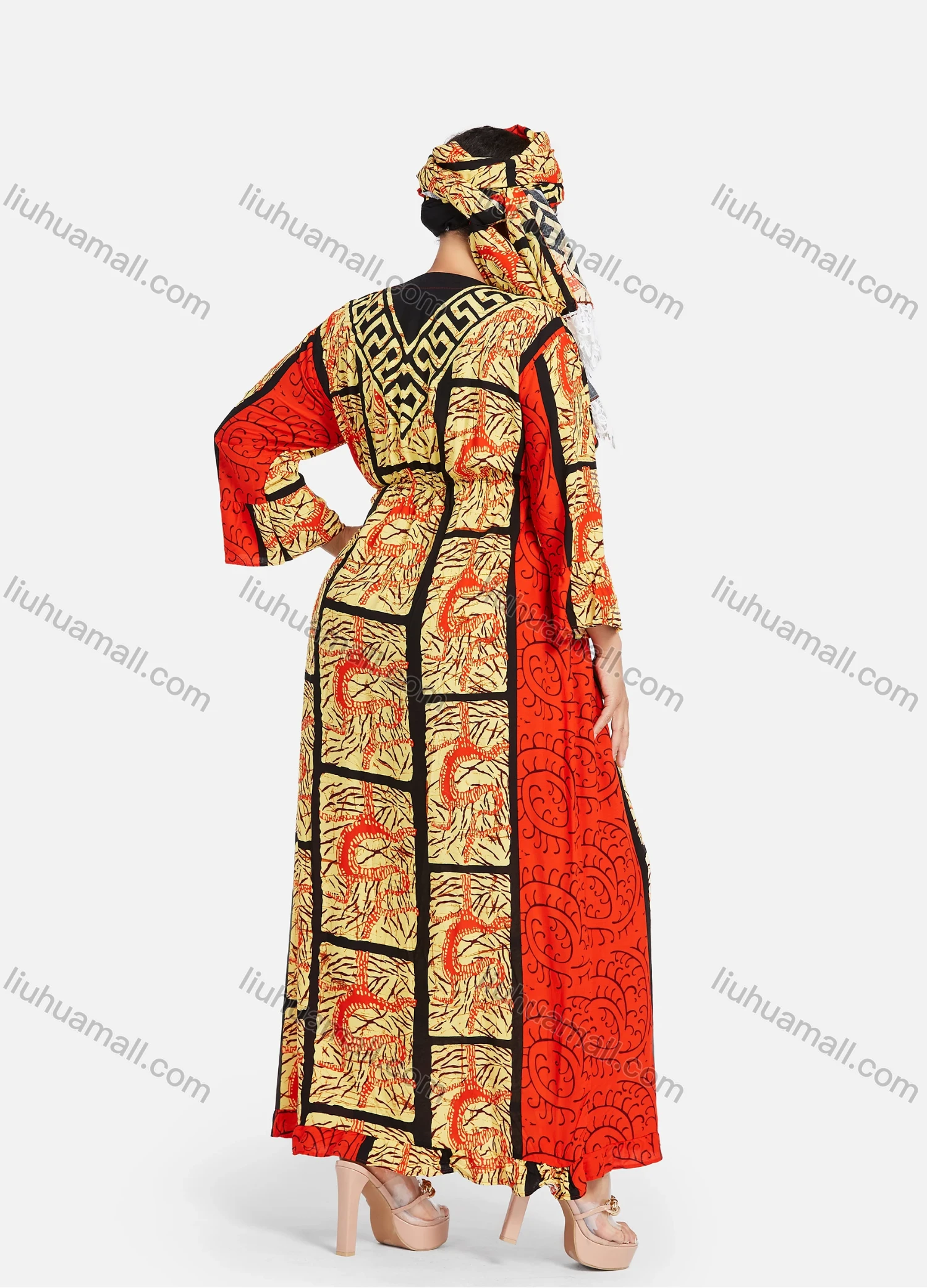 Wholesale Women's African Notched Neck 3/4 Sleeve Plus Size Tribal Print Waist Drawstring Maxi Kaftan Dress With Turban ZXV-666D2# - Liuhuamall