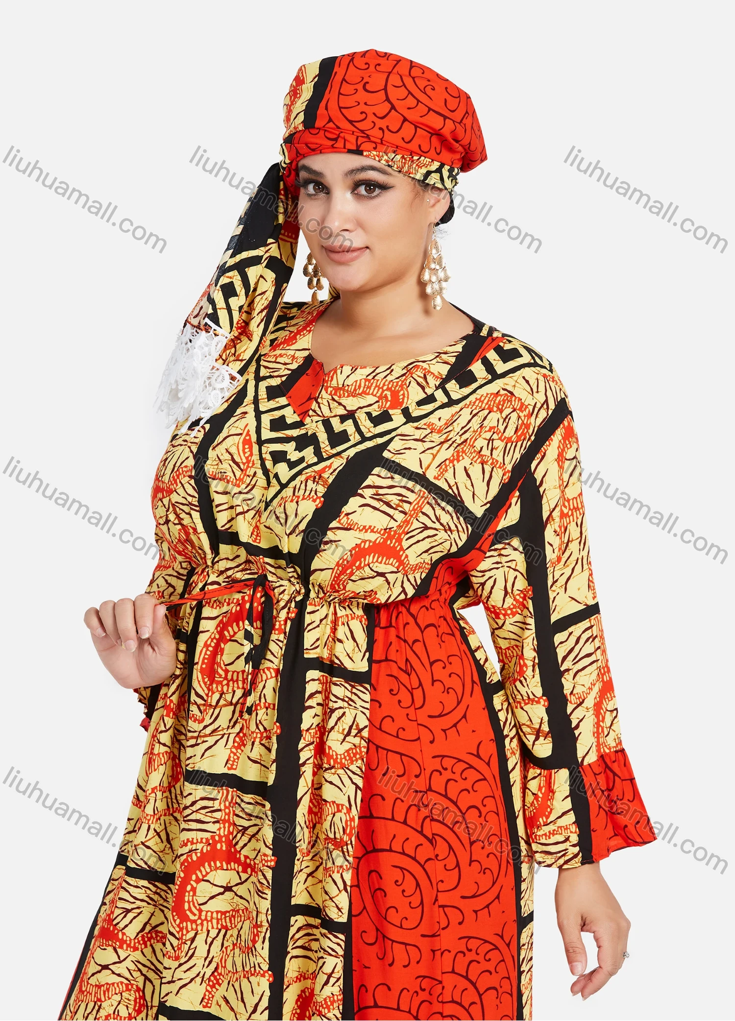 Wholesale Women's African Notched Neck 3/4 Sleeve Plus Size Tribal Print Waist Drawstring Maxi Kaftan Dress With Turban ZXV-666D2# - Liuhuamall