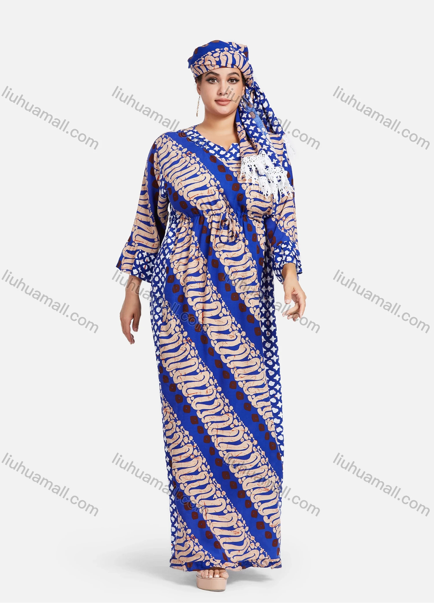 Wholesale Women's African Notched Neck 3/4 Sleeve Tribal Print Drawstring Plus Size Maxi Kaftan Dress With Turban ZXV-629D2# - Liuhuamall