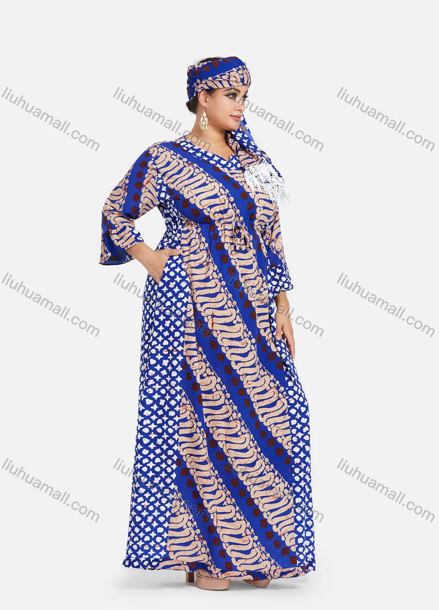 Wholesale Women's African Notched Neck 3/4 Sleeve Tribal Print Drawstring Plus Size Maxi Kaftan Dress With Turban ZXV-629D2# - Liuhuamall