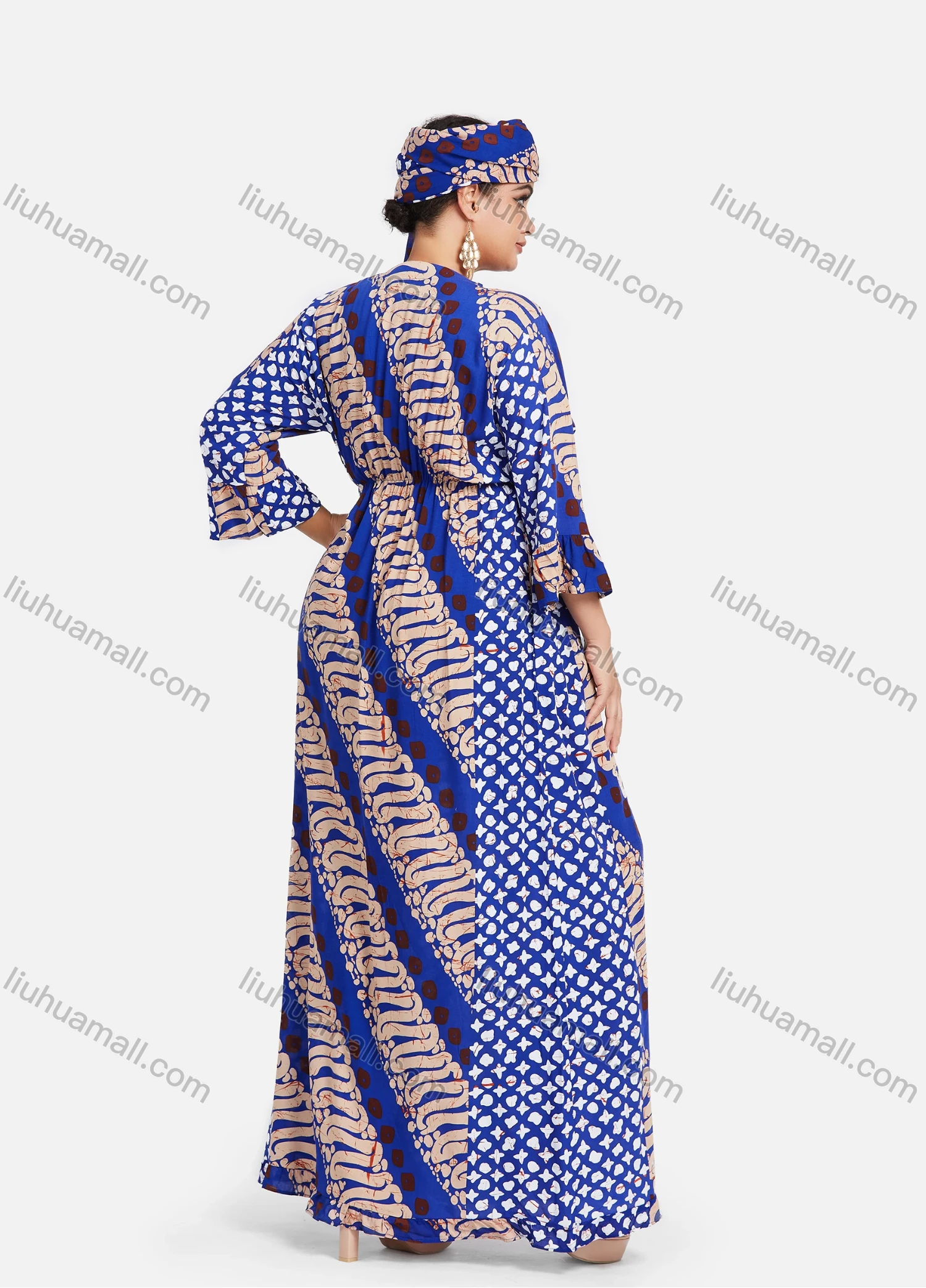 Wholesale Women's African Notched Neck 3/4 Sleeve Tribal Print Drawstring Plus Size Maxi Kaftan Dress With Turban ZXV-629D2# - Liuhuamall