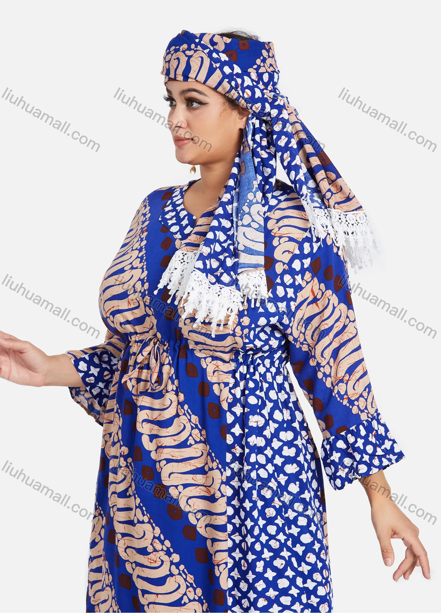 Wholesale Women's African Notched Neck 3/4 Sleeve Tribal Print Drawstring Plus Size Maxi Kaftan Dress With Turban ZXV-629D2# - Liuhuamall