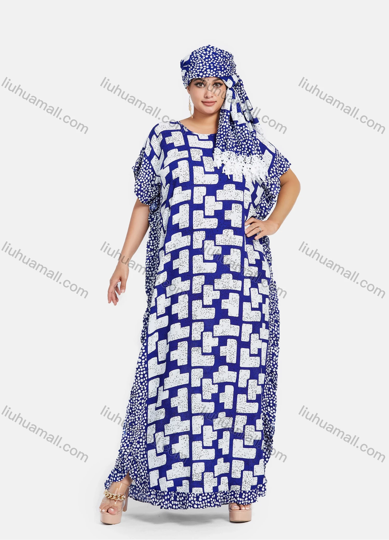 Wholesale Women's African Round Neck Bat Sleeve Retro Splicing Print Plus Size Ruffle Hem Maxi Kaftan Dress With Turban ZXV-688D2# - Liuhuamall