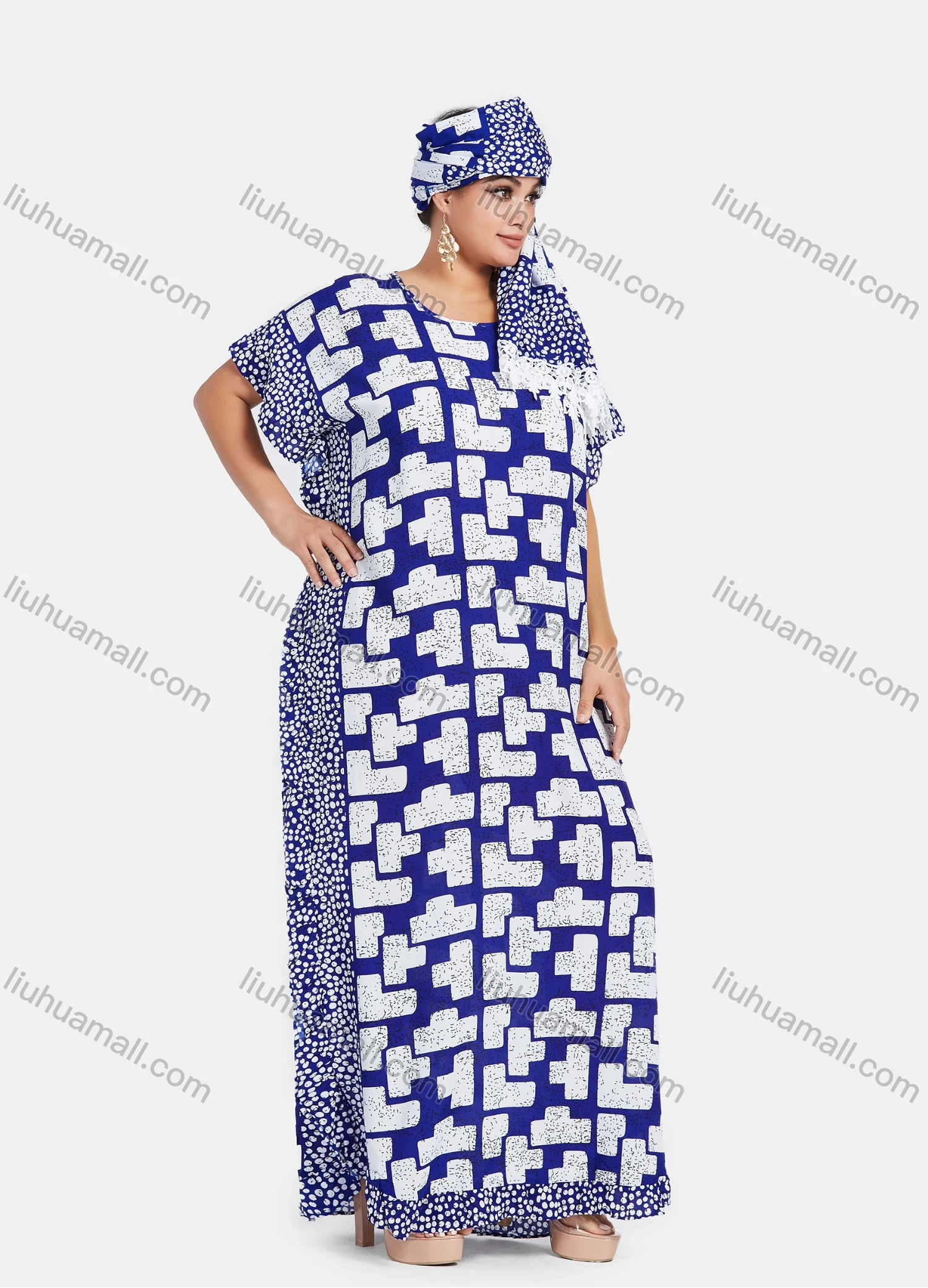 Wholesale Women's African Round Neck Bat Sleeve Retro Splicing Print Plus Size Ruffle Hem Maxi Kaftan Dress With Turban ZXV-688D2# - Liuhuamall