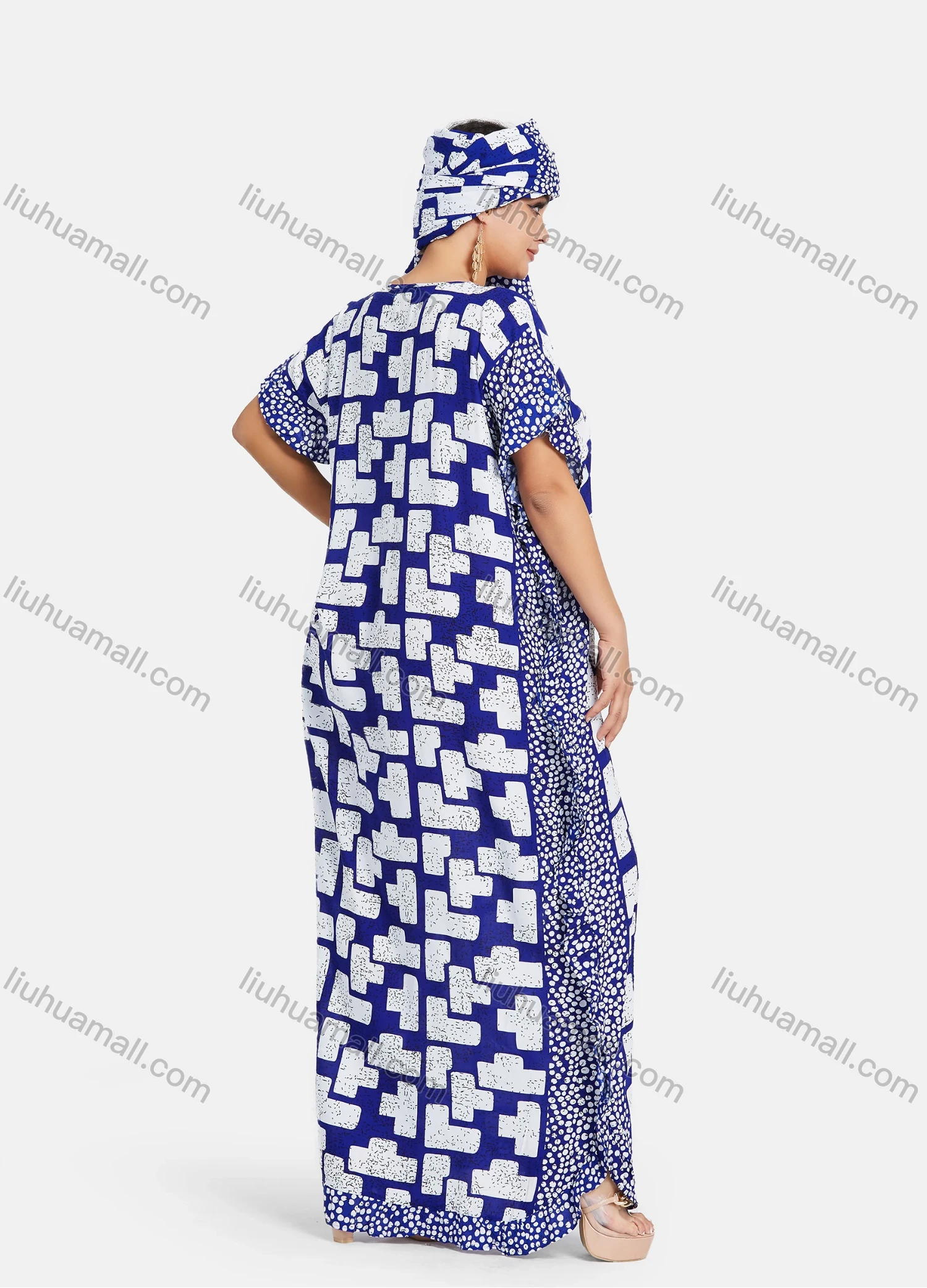 Wholesale Women's African Round Neck Bat Sleeve Retro Splicing Print Plus Size Ruffle Hem Maxi Kaftan Dress With Turban ZXV-688D2# - Liuhuamall