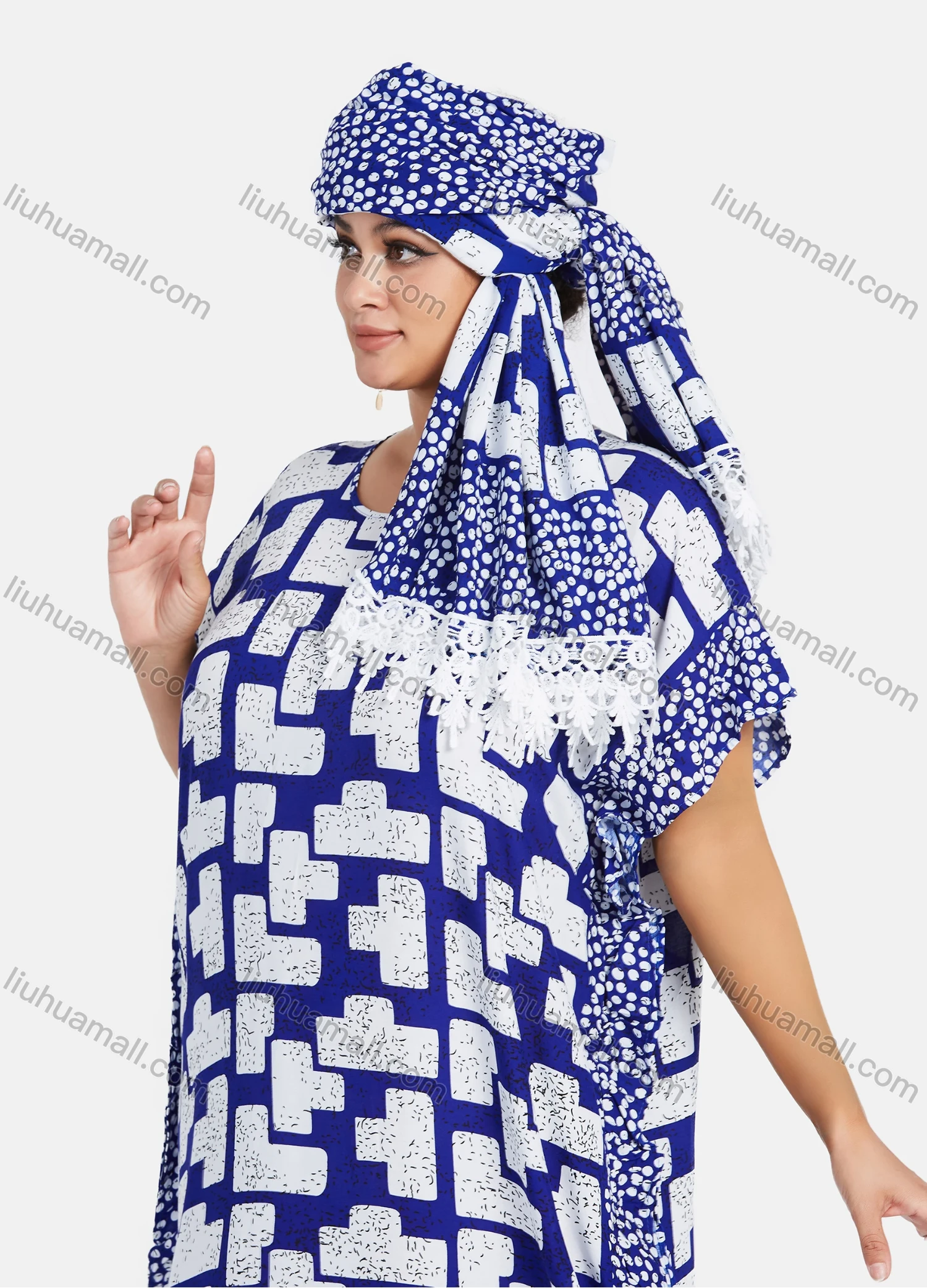 Wholesale Women's African Round Neck Bat Sleeve Retro Splicing Print Plus Size Ruffle Hem Maxi Kaftan Dress With Turban ZXV-688D2# - Liuhuamall