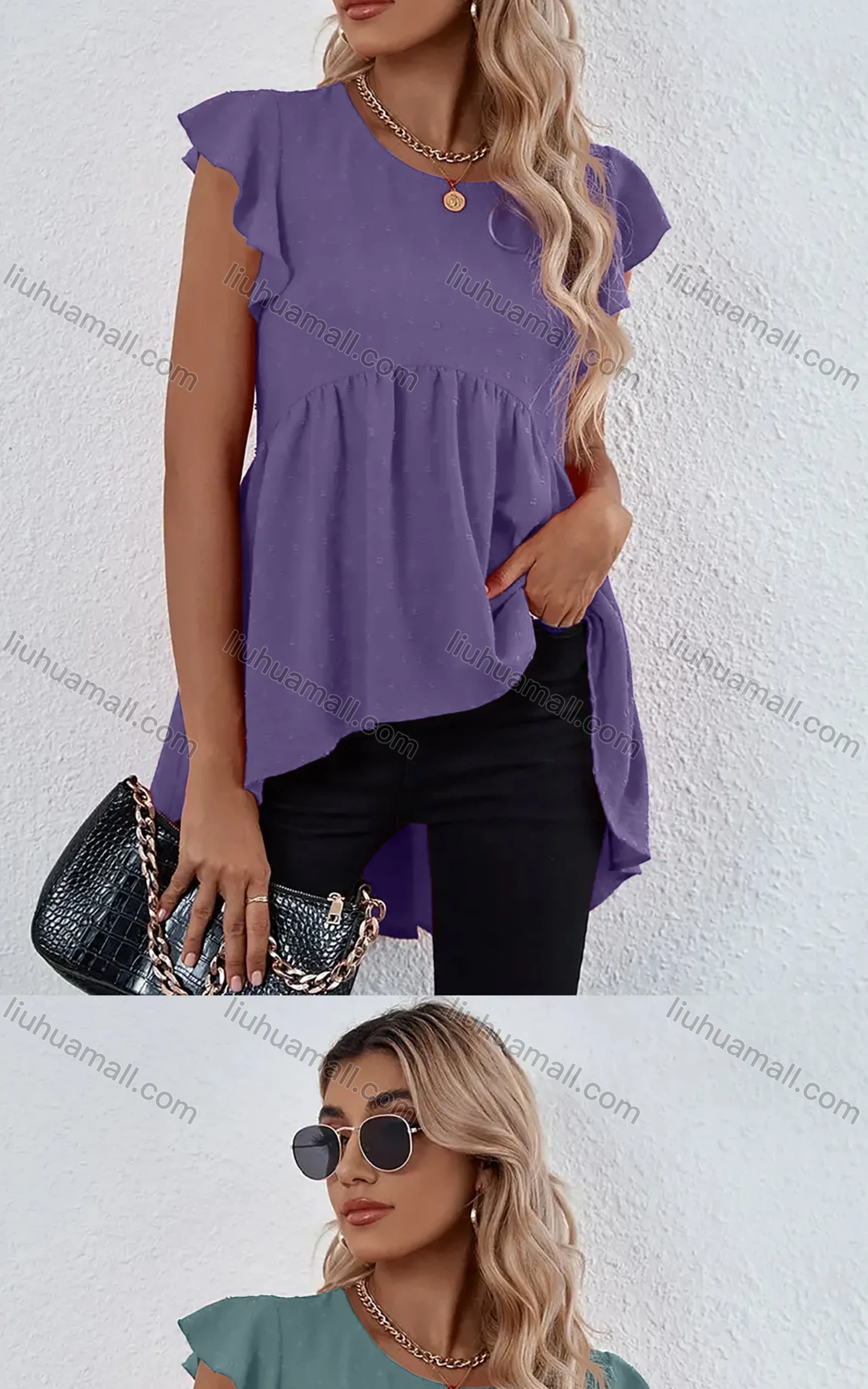 Wholesale Women's Plain Petal Crew Neck Ruffle Sleeve High Low Hem Tunic B1020X# - Liuhuamall