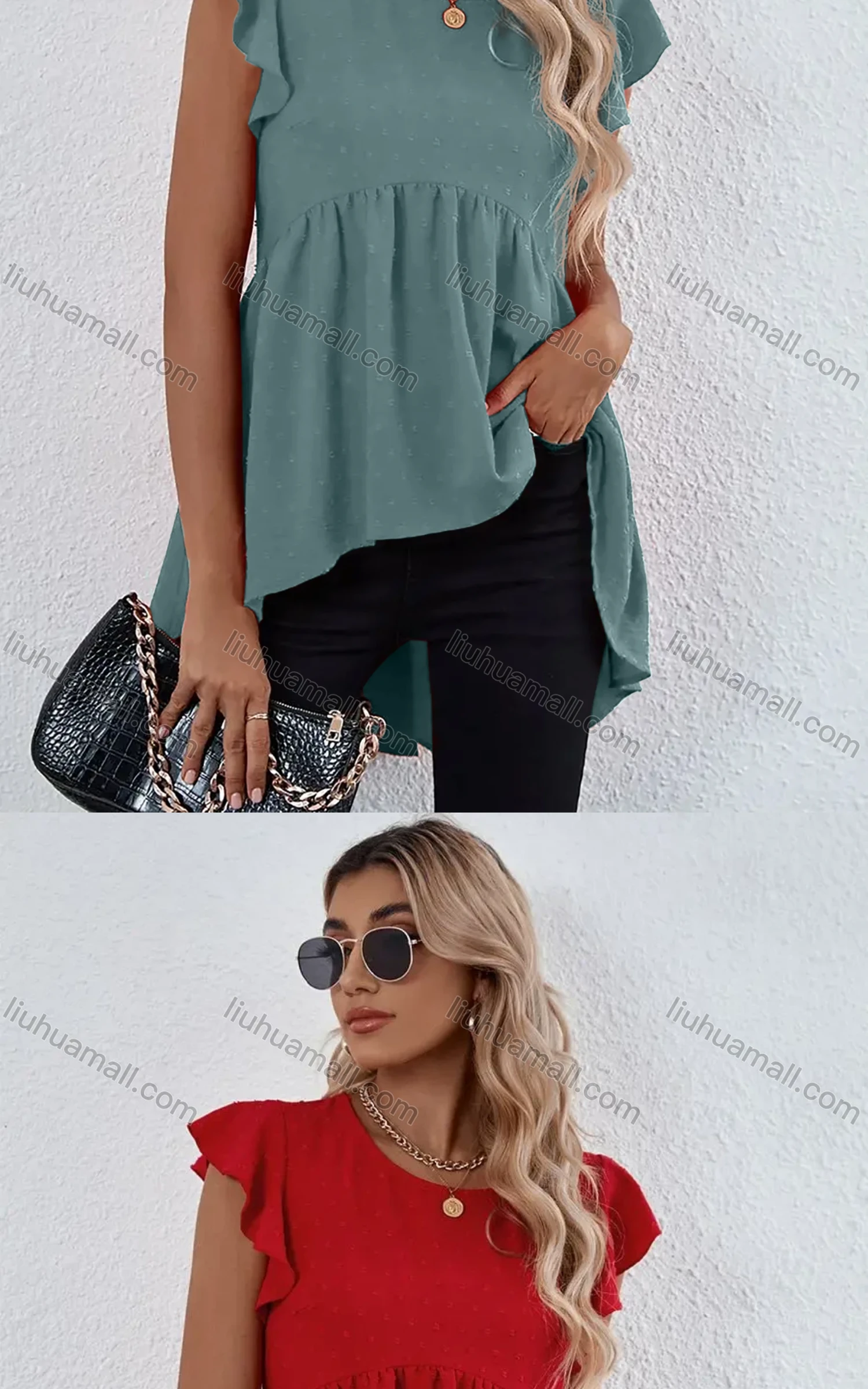 Wholesale Women's Plain Petal Crew Neck Ruffle Sleeve High Low Hem Tunic B1020X# - Liuhuamall