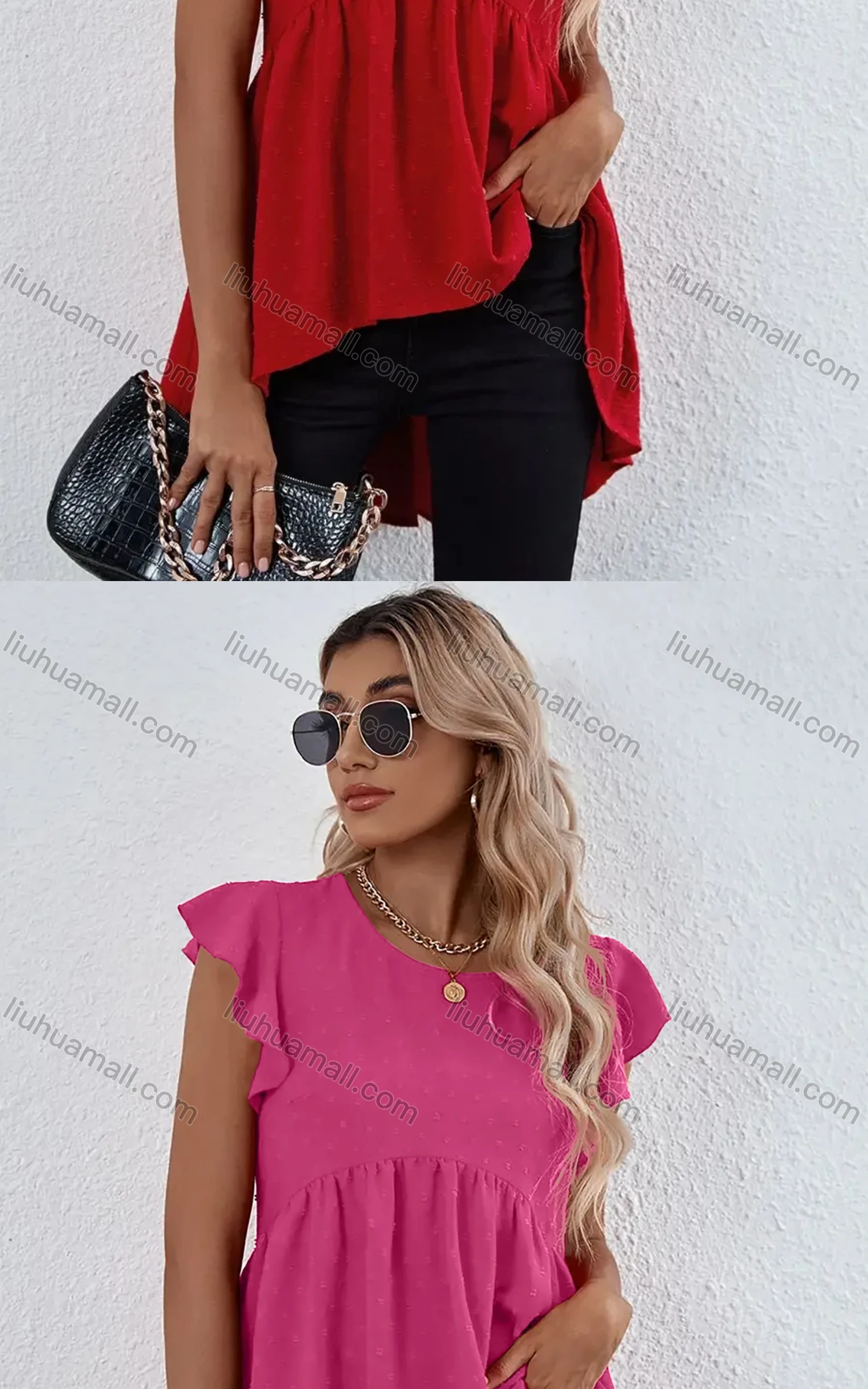 Wholesale Women's Plain Petal Crew Neck Ruffle Sleeve High Low Hem Tunic B1020X# - Liuhuamall