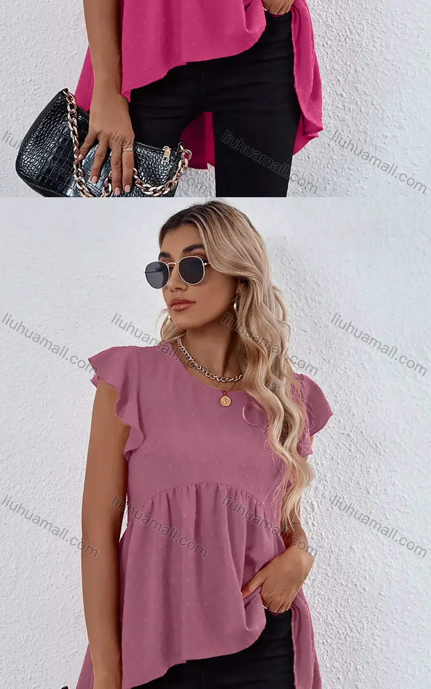 Wholesale Women's Plain Petal Crew Neck Ruffle Sleeve High Low Hem Tunic B1020X# - Liuhuamall