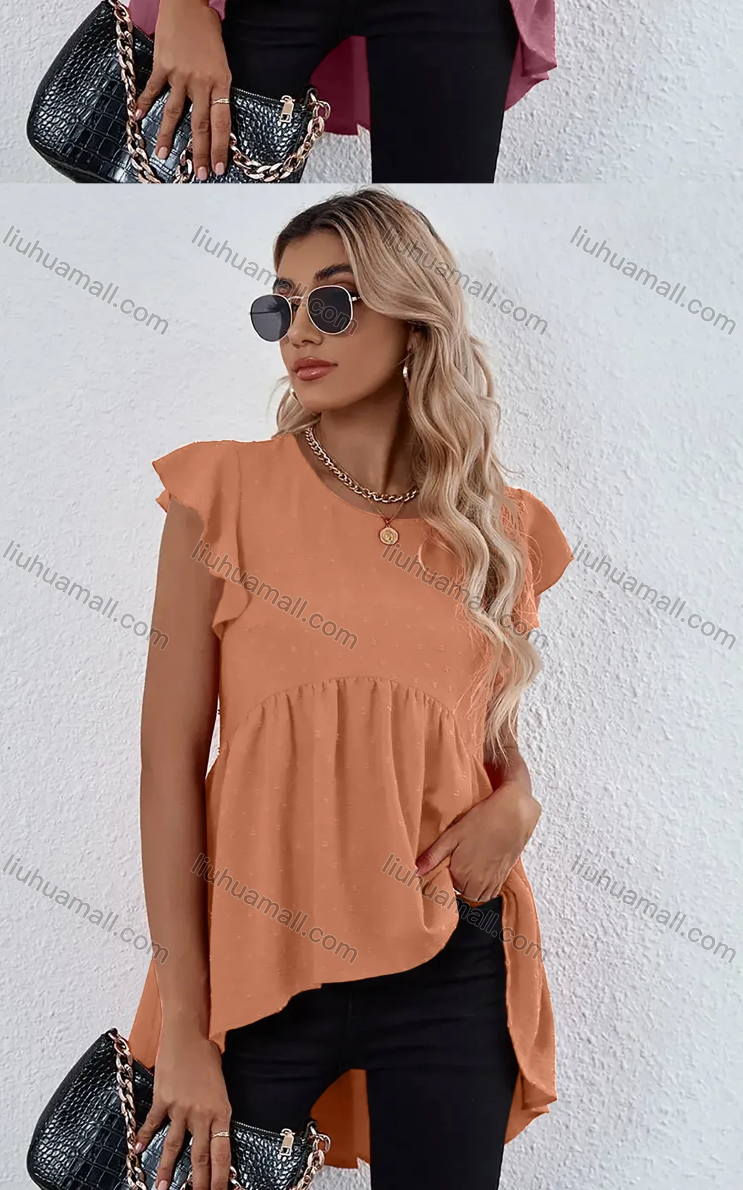 Wholesale Women's Plain Petal Crew Neck Ruffle Sleeve High Low Hem Tunic B1020X# - Liuhuamall