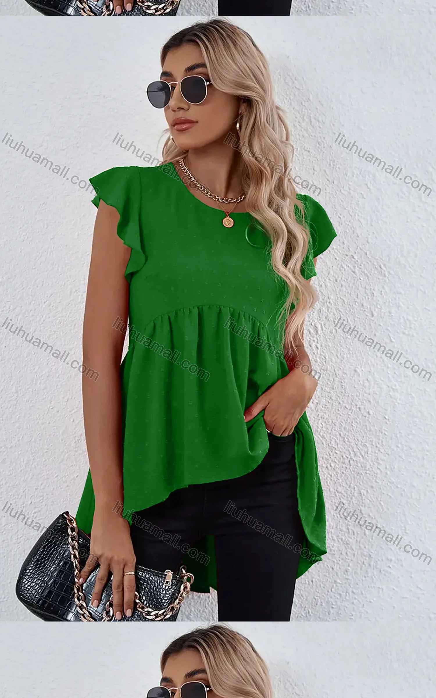Wholesale Women's Plain Petal Crew Neck Ruffle Sleeve High Low Hem Tunic B1020X# - Liuhuamall