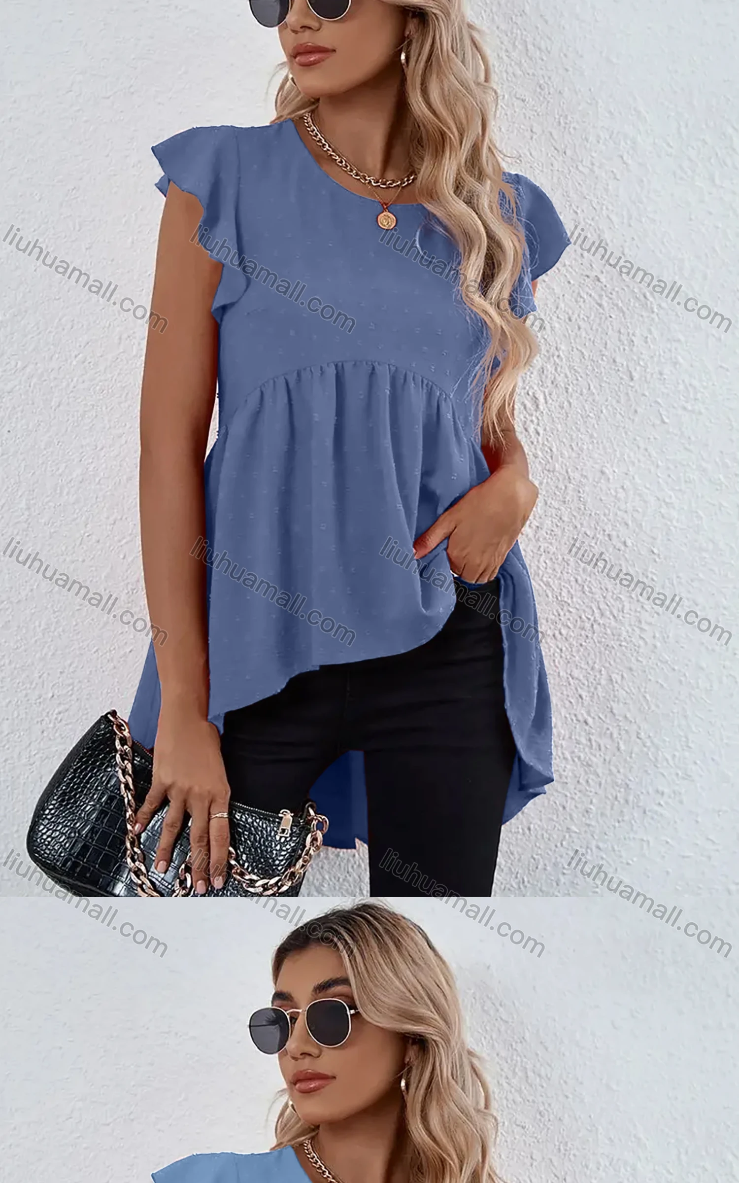 Wholesale Women's Plain Petal Crew Neck Ruffle Sleeve High Low Hem Tunic B1020X# - Liuhuamall