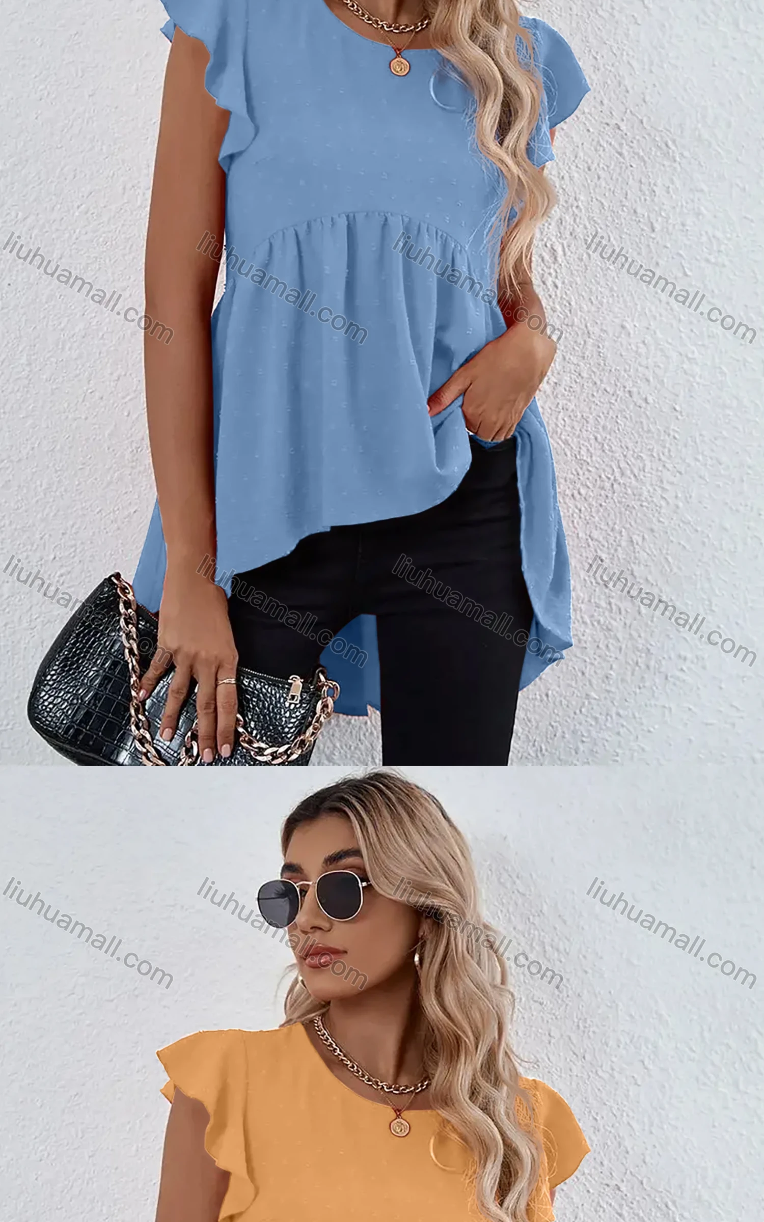 Wholesale Women's Plain Petal Crew Neck Ruffle Sleeve High Low Hem Tunic B1020X# - Liuhuamall