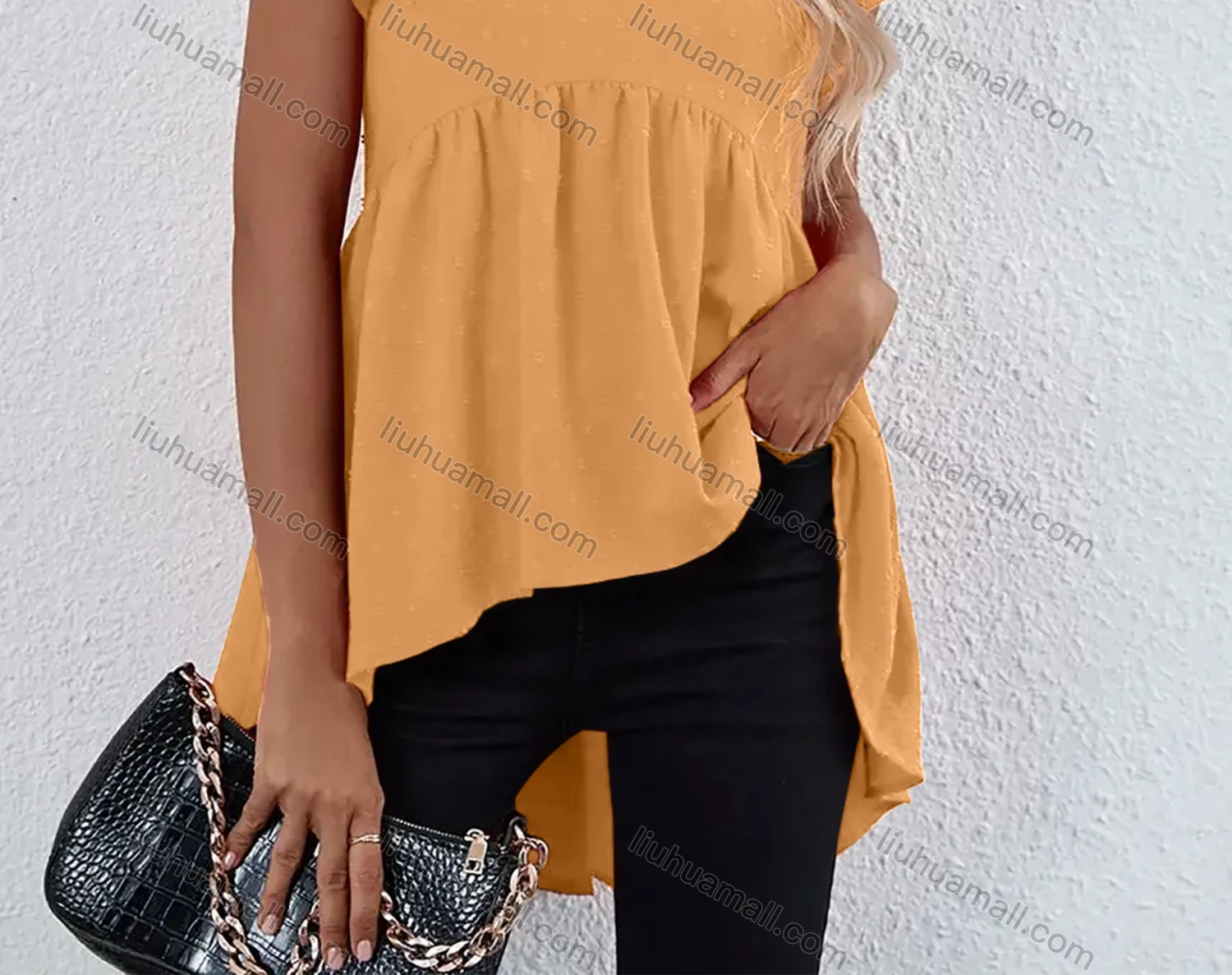 Wholesale Women's Plain Petal Crew Neck Ruffle Sleeve High Low Hem Tunic B1020X# - Liuhuamall