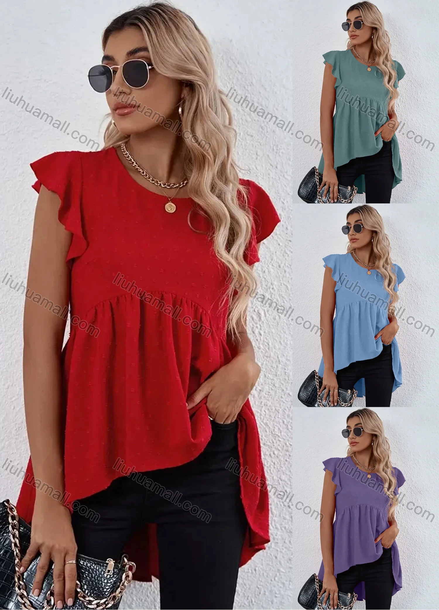 Wholesale Women's Plain Petal Crew Neck Ruffle Sleeve High Low Hem Tunic B1020X# - Liuhuamall