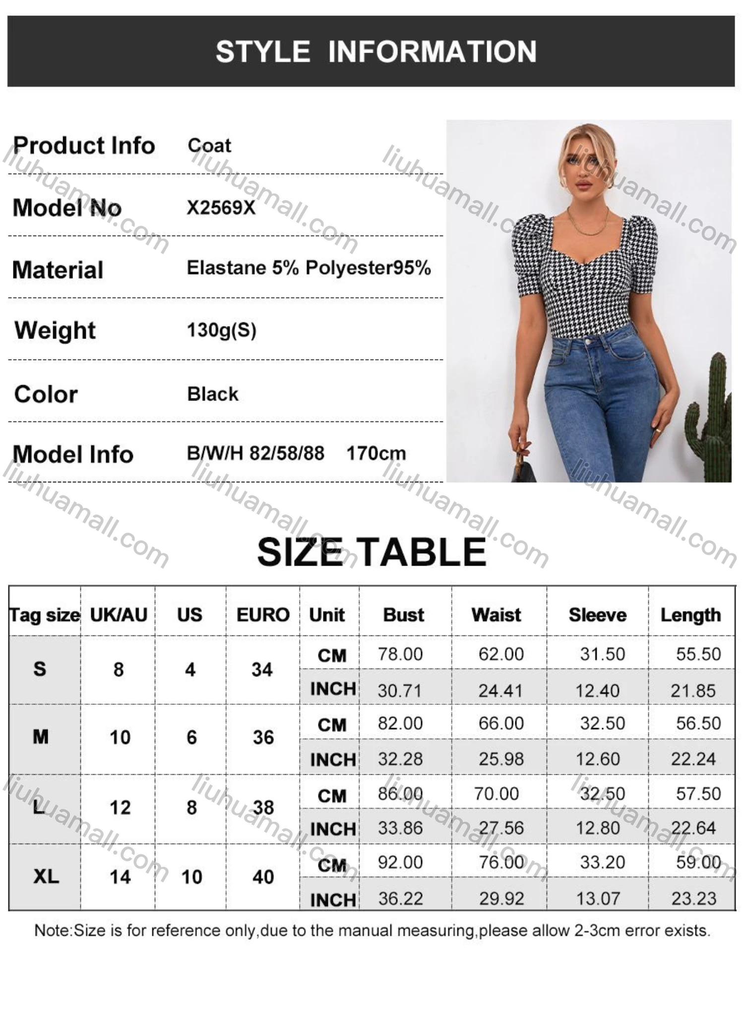 Wholesale Women's Sexy Puff Sleeve Sweetheart Neck Houndstooth Print Top X2569X# - Liuhuamall