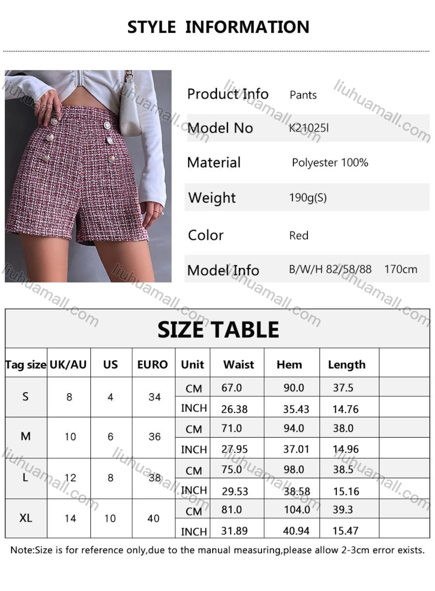 Wholesale Women's High Waist Button Decor Tweed Shorts K21025I# - Liuhuamall