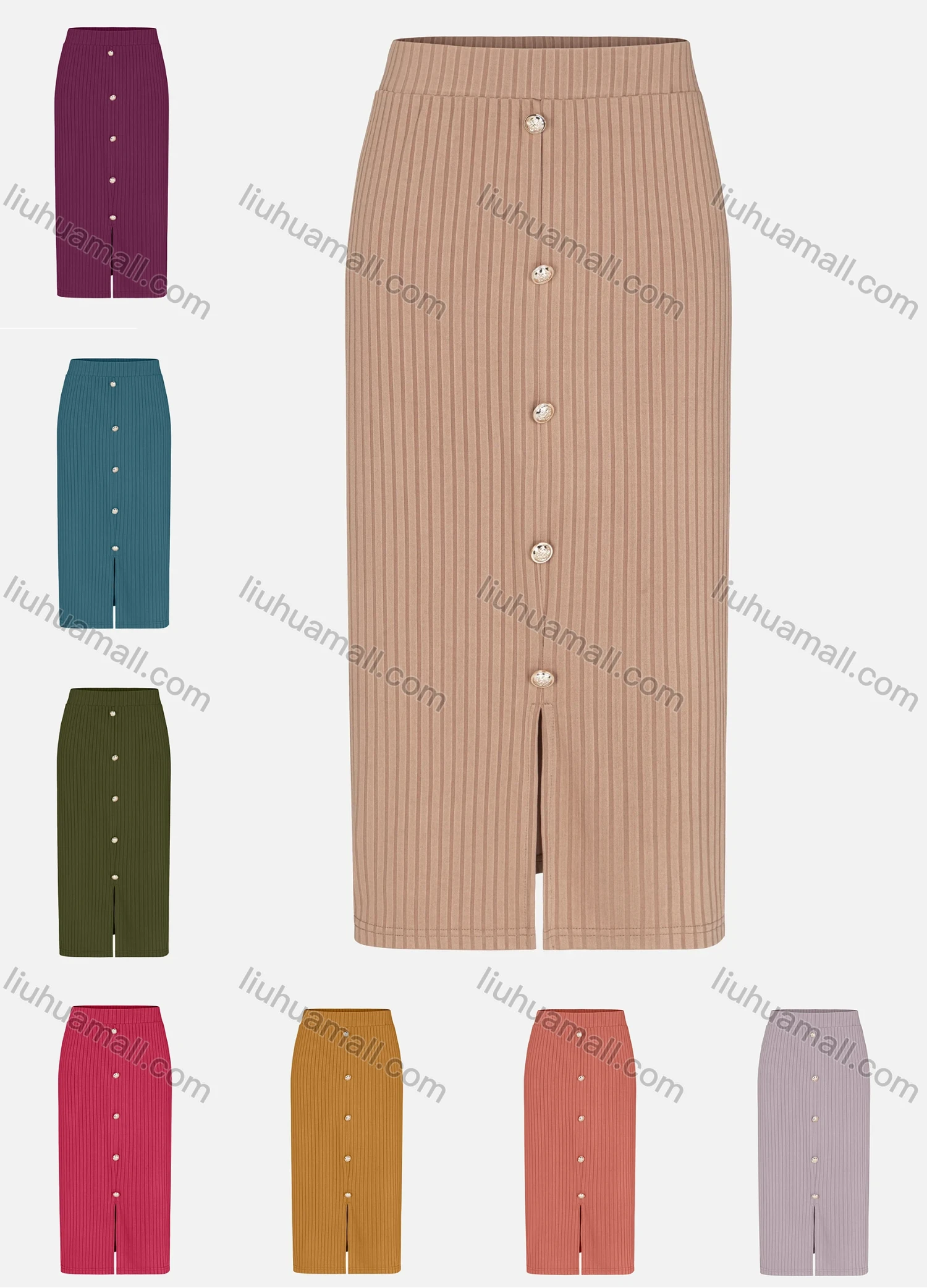 Wholesale Women's Knit Ribbed Button Decor Slit Front Plain Pencil Skirt - Liuhuamall