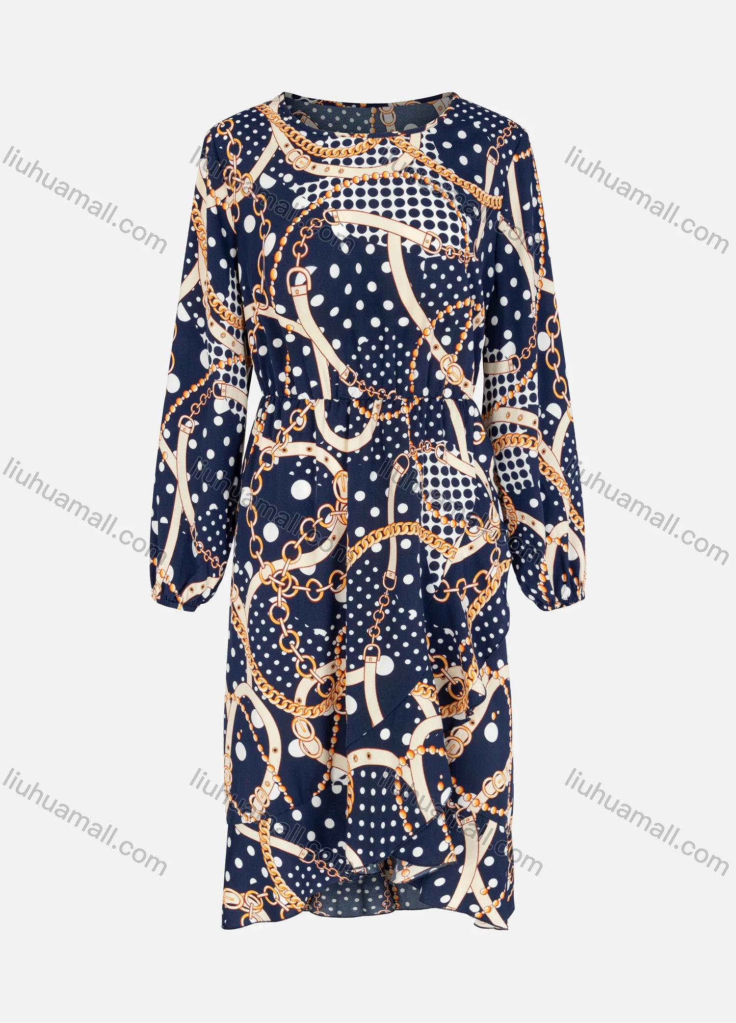 Wholesale Women's Vintage Chain Print A-Line Long Sleeve Round Neck Midi Dress 15-20 Days - Liuhuamall