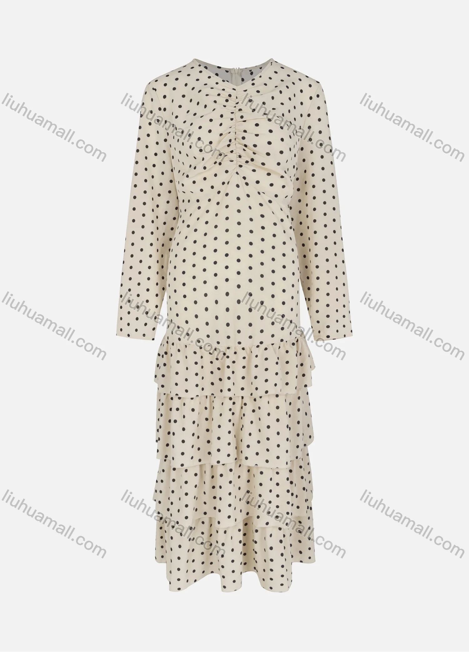 Wholesale Women's Casual A-Line Ruffle Layer Hem Polka Dot Ruched Maxi Dress - Liuhuamall